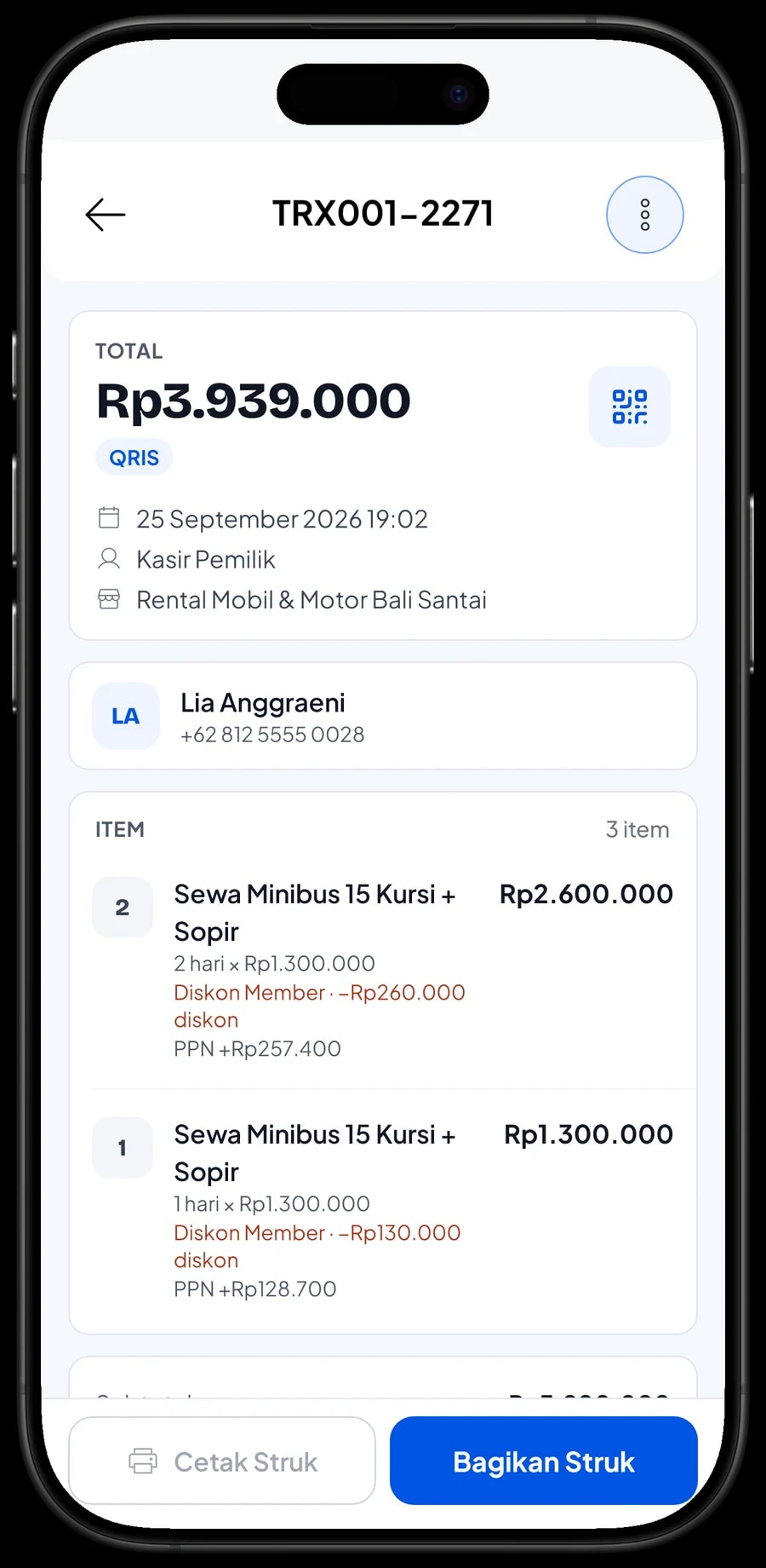 Detail transaksi rental: sewa per hari dengan variannya, jumlah hari, diskon, PPN dan metode bayar