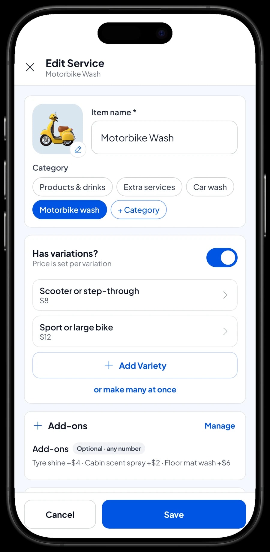 Editing Motorbike Wash: Scooter or step-through at $8 and Sport or large bike at $12