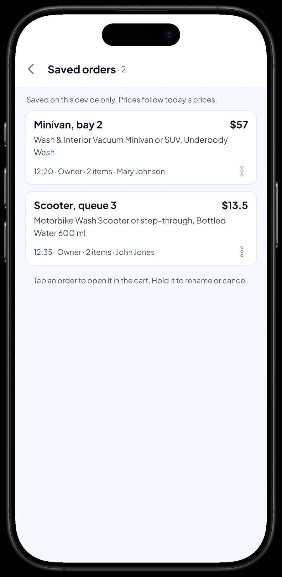 Saved orders waiting to be paid: a minivan in bay 2 paying at pickup, and a scooter in queue 3