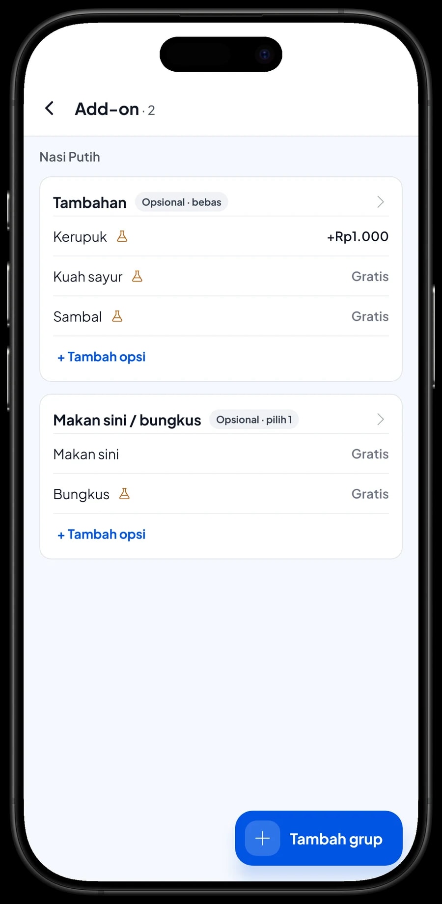 Add-on Nasi Putih: Tambahan (Kerupuk, Kuah sayur, Sambal) dan Makan sini atau bungkus