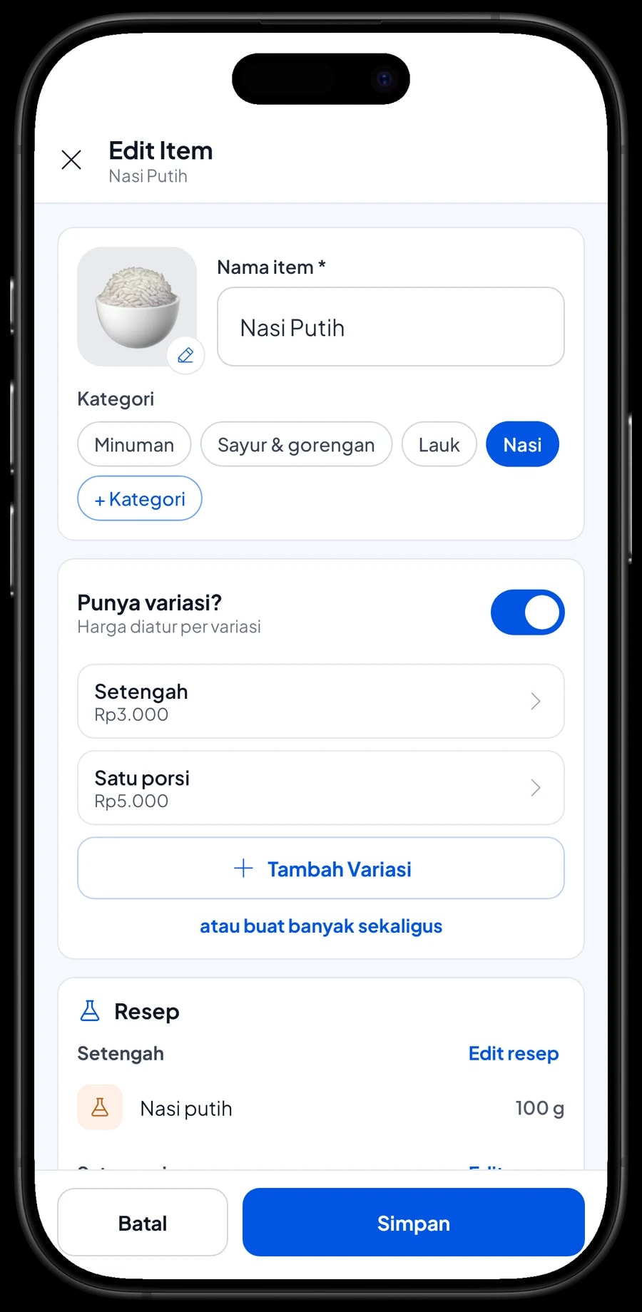 Edit item Nasi Putih di Warteg Mbak Tari: varian Setengah Rp3.000 dan Satu porsi Rp5.000