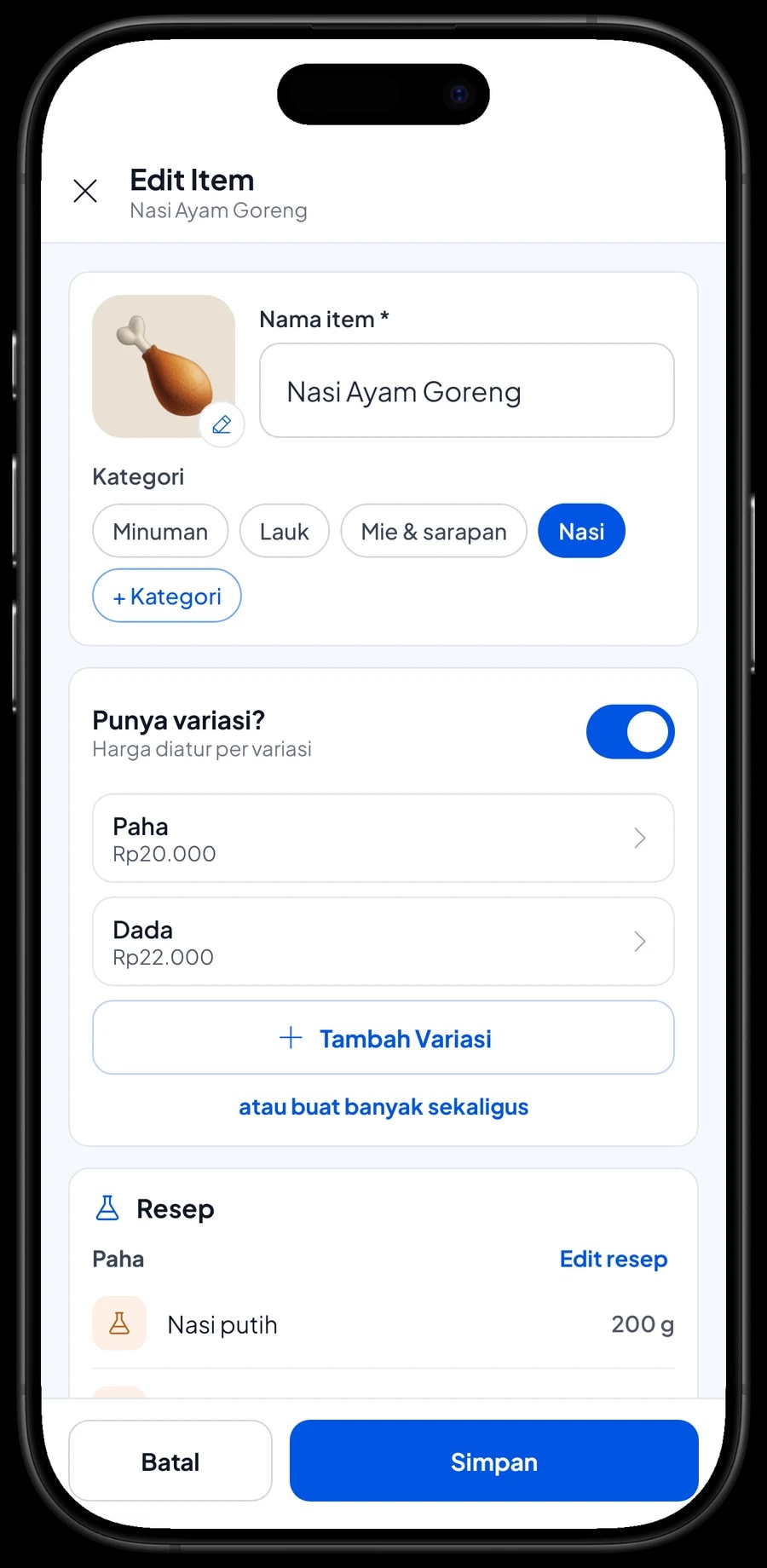 Edit item Nasi Ayam Goreng: varian Paha Rp20.000 dan Dada Rp22.000, masing-masing dengan resepnya