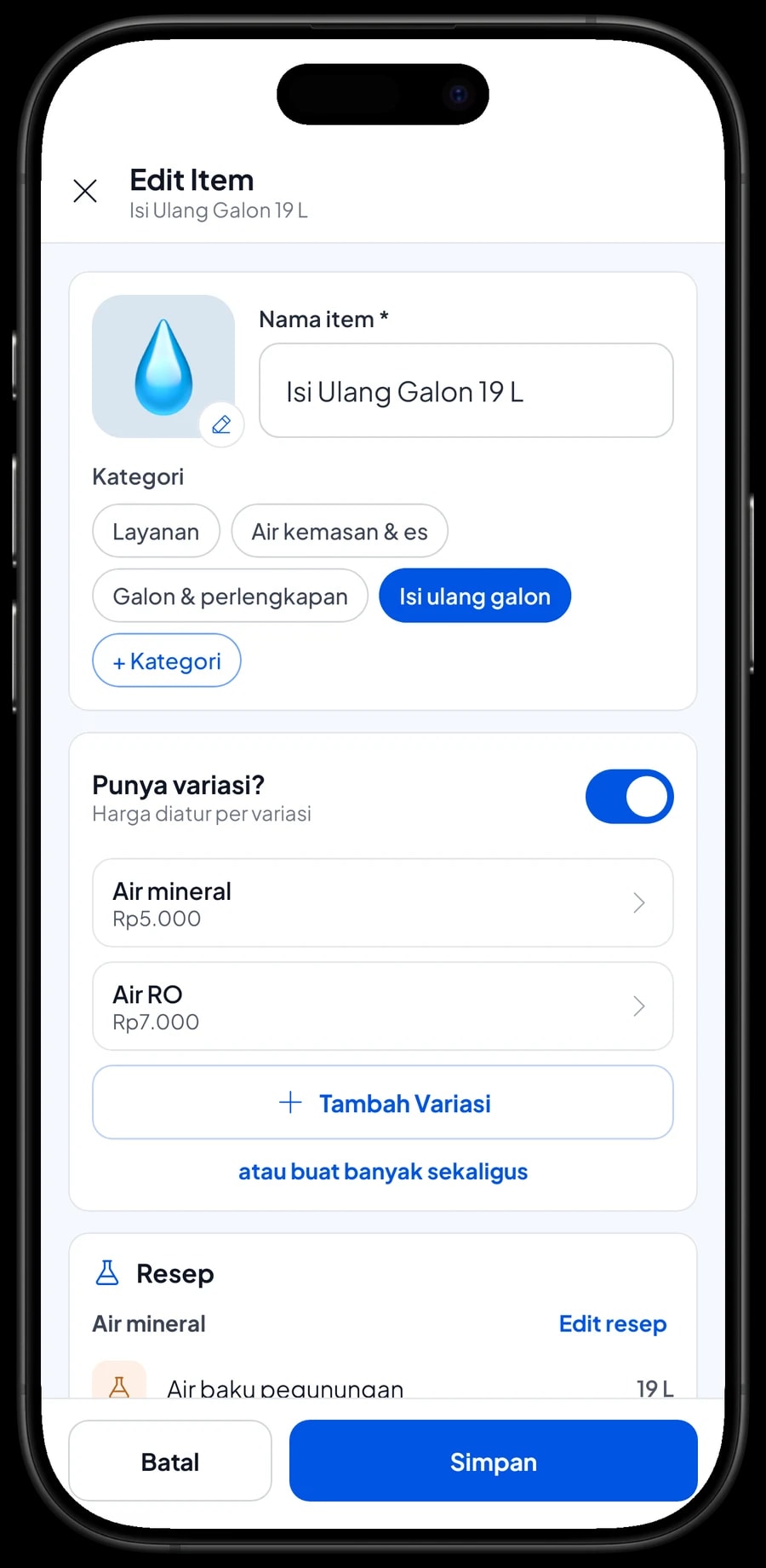 Edit item Isi Ulang Galon 19 L bertipe Racikan, dengan resep untuk varian Air mineral dan Air RO