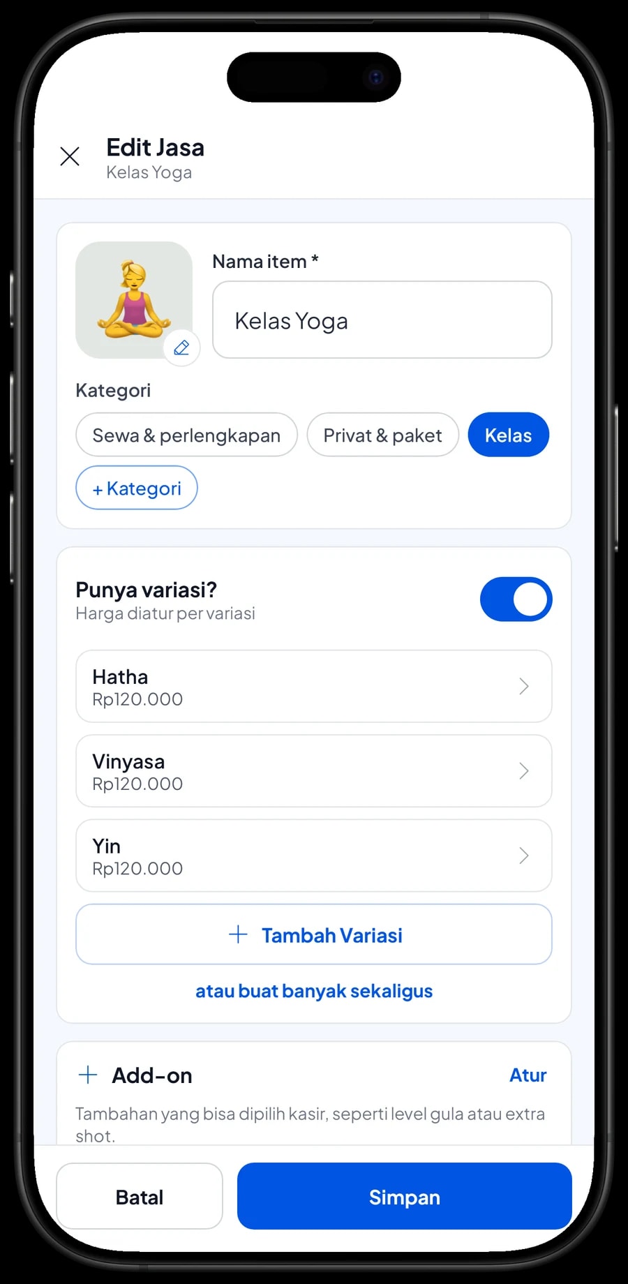 Edit item Kelas Yoga dengan varian Hatha, Vinyasa dan Yin, masing-masing dengan harga sendiri