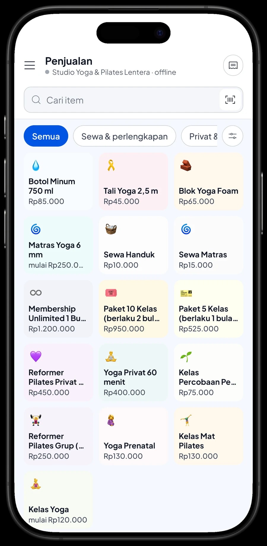 Layar Penjualan Studio Yoga & Pilates Lentera dengan kelas per kategori dan keranjang yang siap dibayar