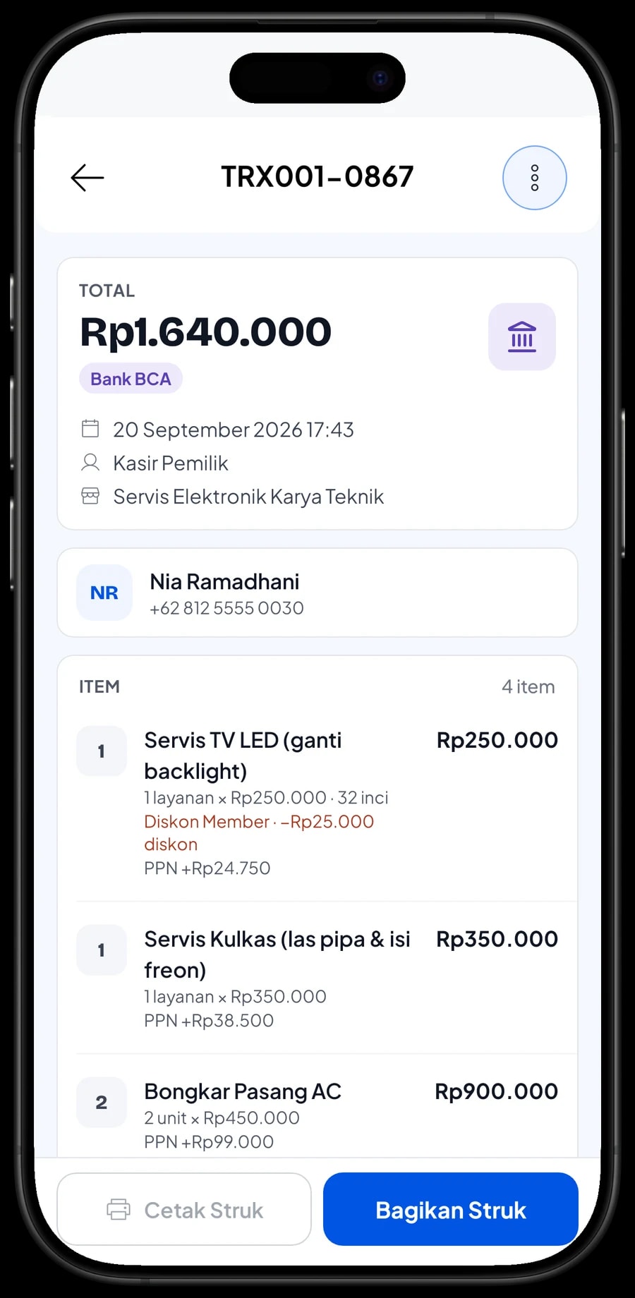 Daftar transaksi Servis Elektronik Karya Teknik dengan detail satu nota: jasa, sparepart dan metode bayar