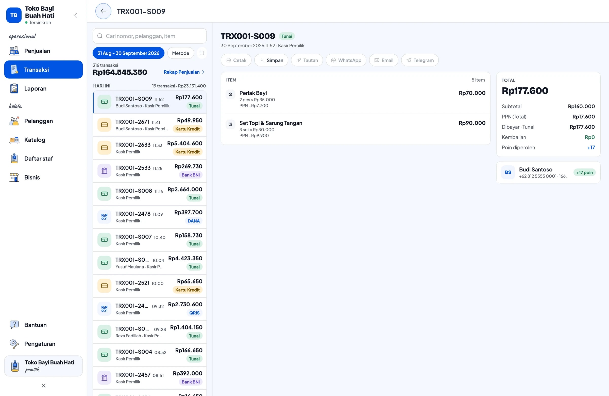 Daftar transaksi dengan detail satu penjualan: produk, PPN, metode pembayaran dan total
