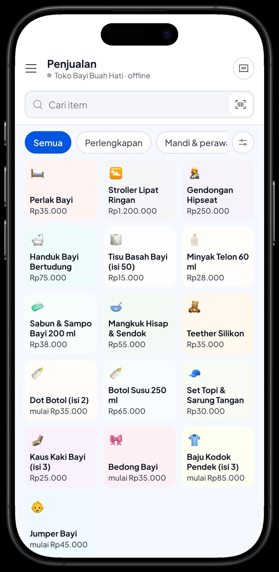 Layar Penjualan Toko Bayi Buah Hati: Perlak Bayi, Stroller Lipat Ringan dan Gendongan Hipseat, dengan keranjang di samping