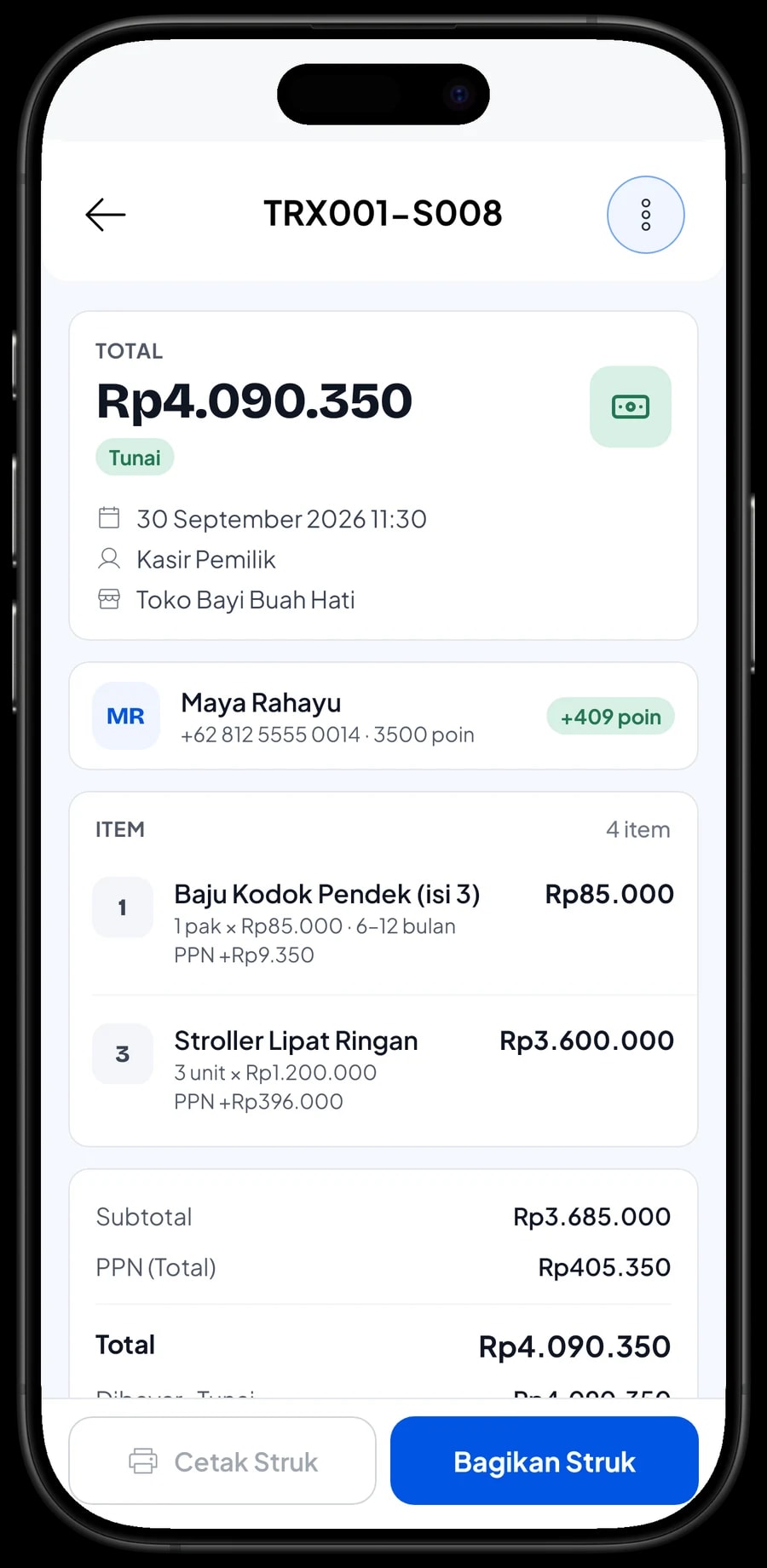 Daftar transaksi dengan detail satu penjualan: produk, PPN, metode pembayaran dan total