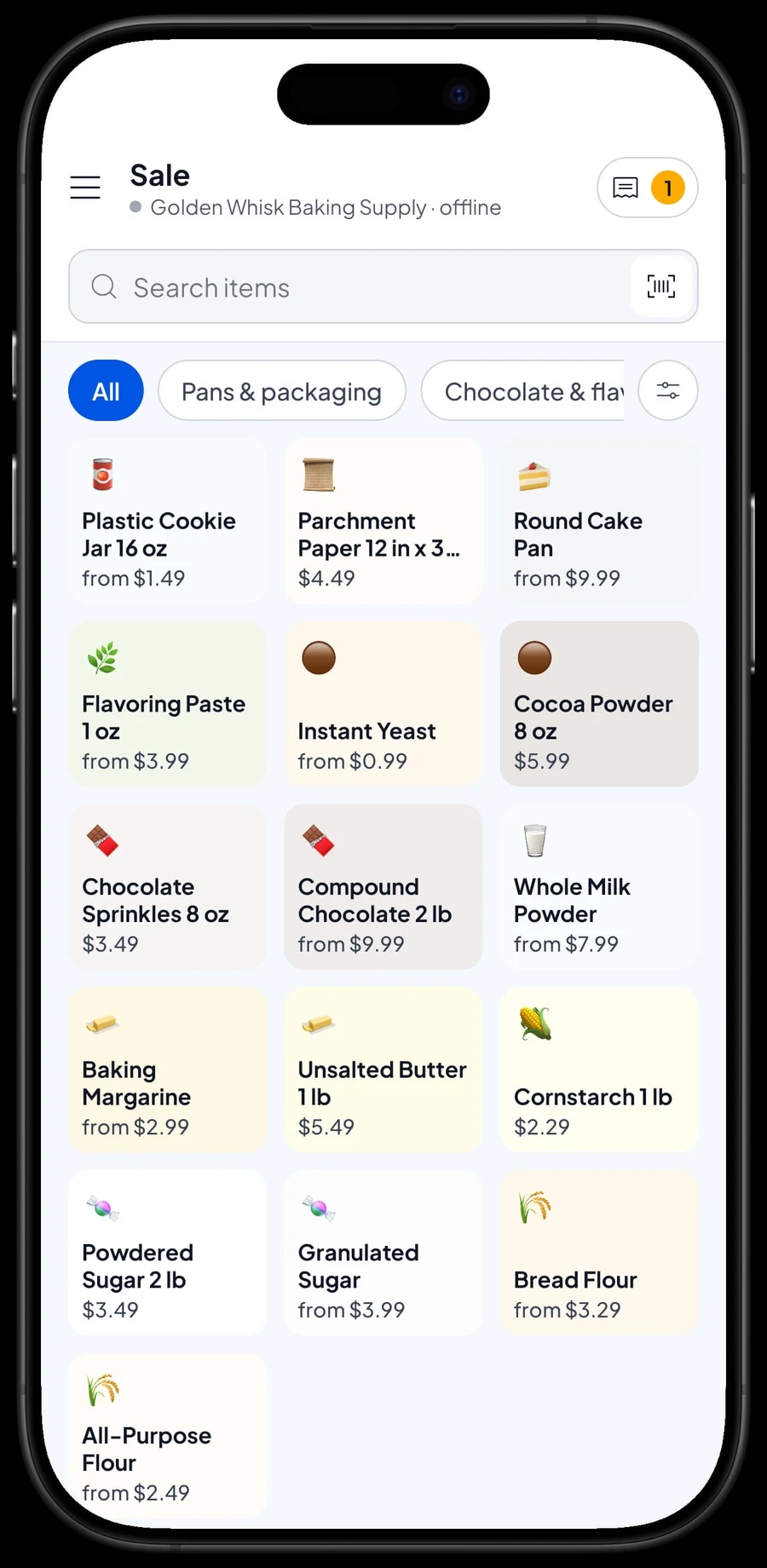 The Sale screen with Cocoa Powder 8 oz and a Round Cake Pan in the cart, totaling $21.97
