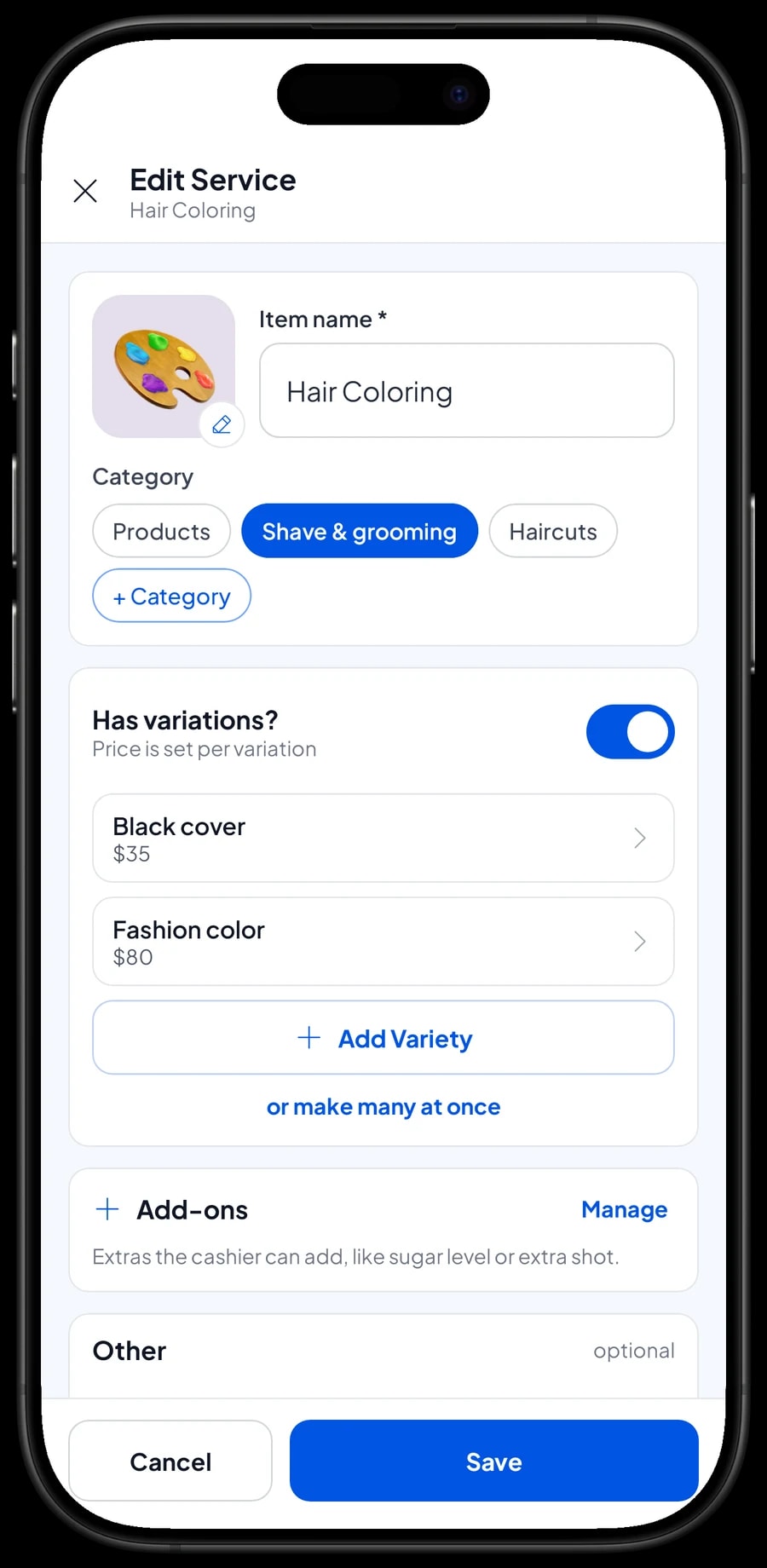 Editing Hair Coloring: Black cover at $35 and Fashion color at $80