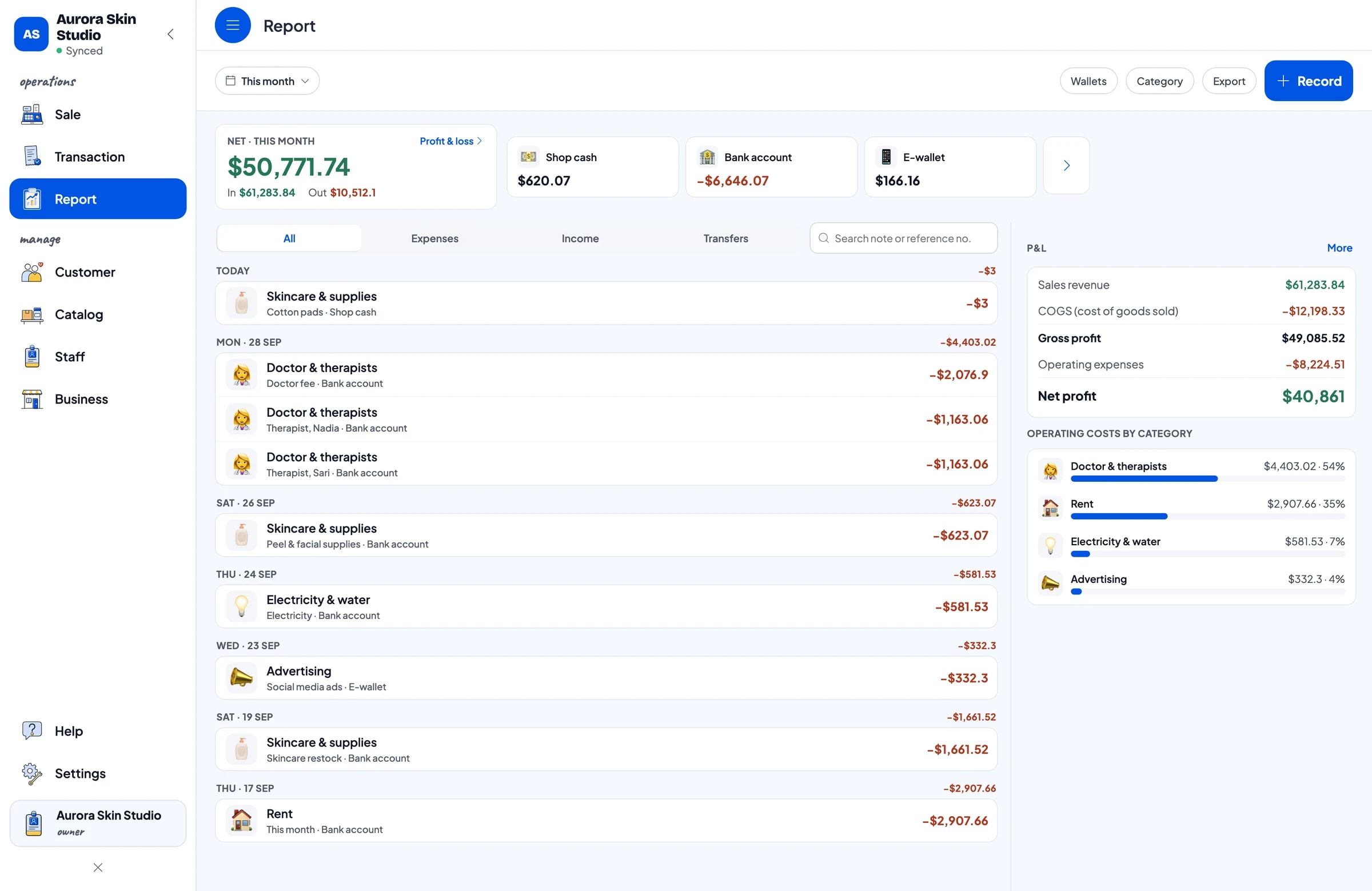 Aurora Skin Studio expenses: skincare restock, peel supplies, doctor fee, therapist pay, rent and ads