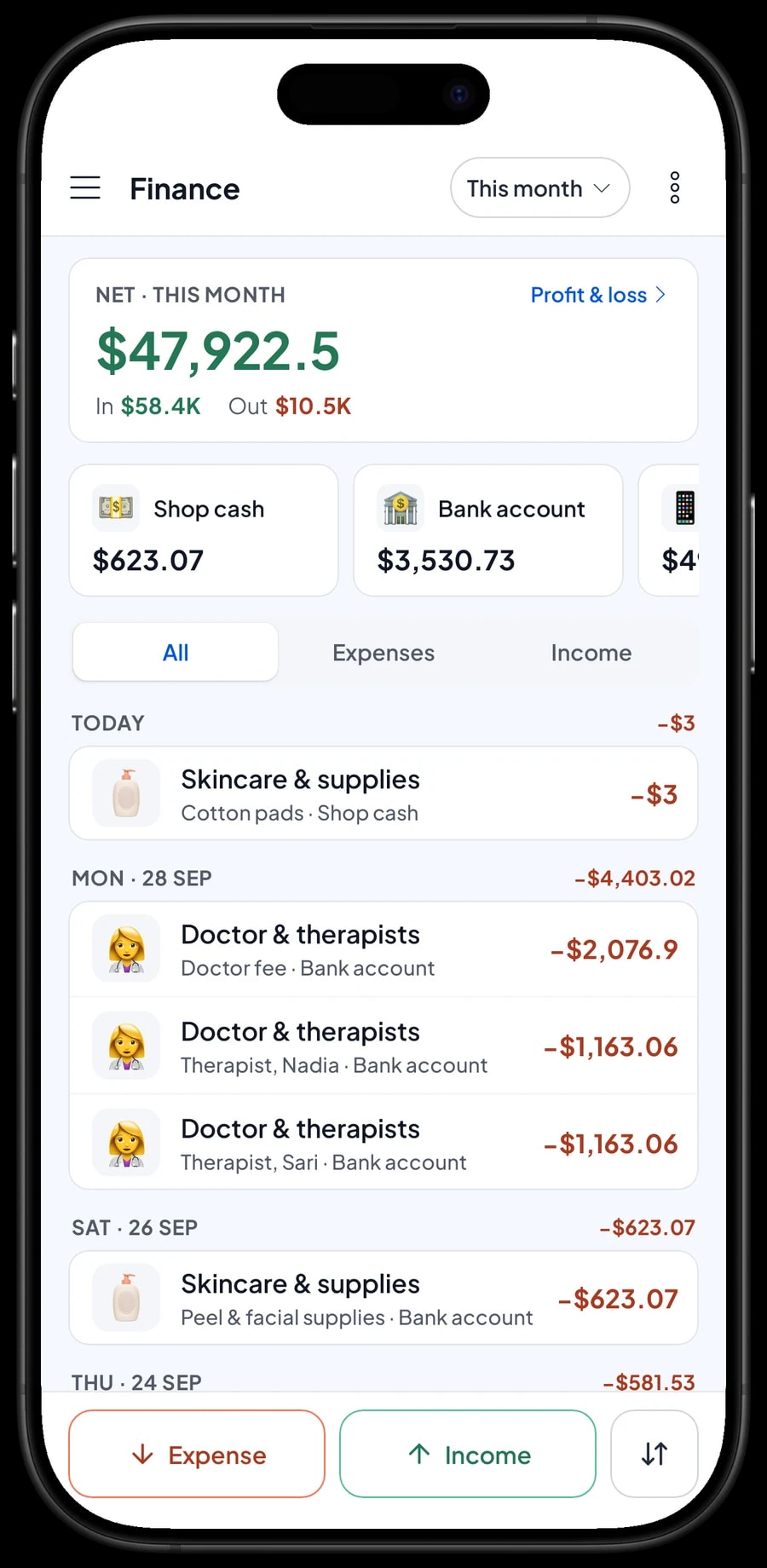 Aurora Skin Studio expenses: skincare restock, peel supplies, doctor fee, therapist pay, rent and ads