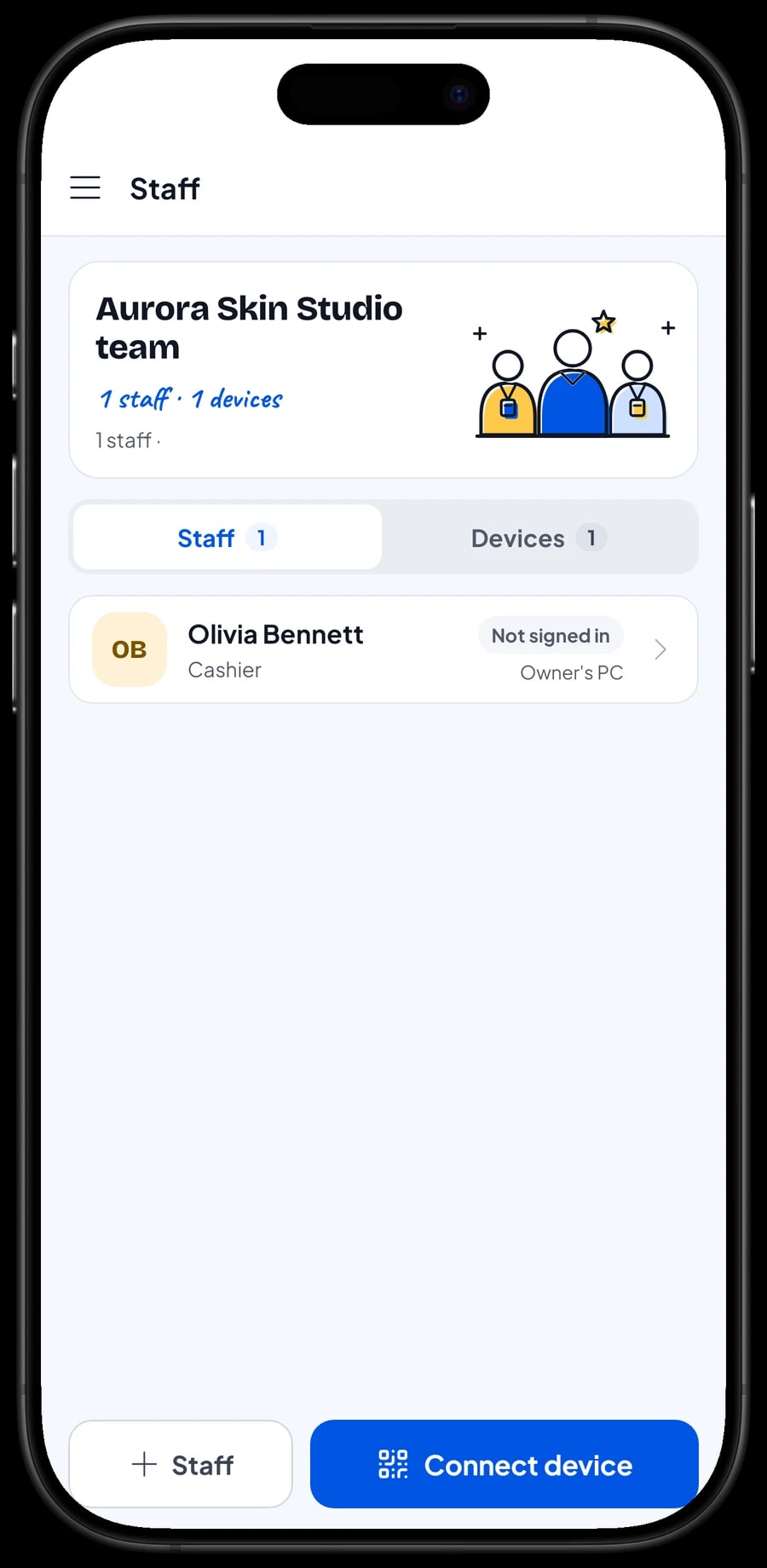 Staff sign-in on a cashier device: pick the staff member, then sign in with a PIN