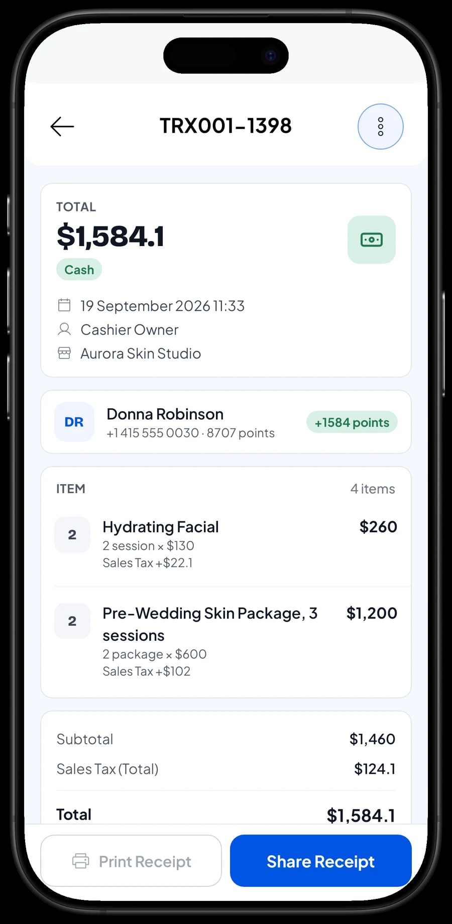 A recent sale at Aurora Skin Studio in detail: items, 8.5% sales tax and payment method