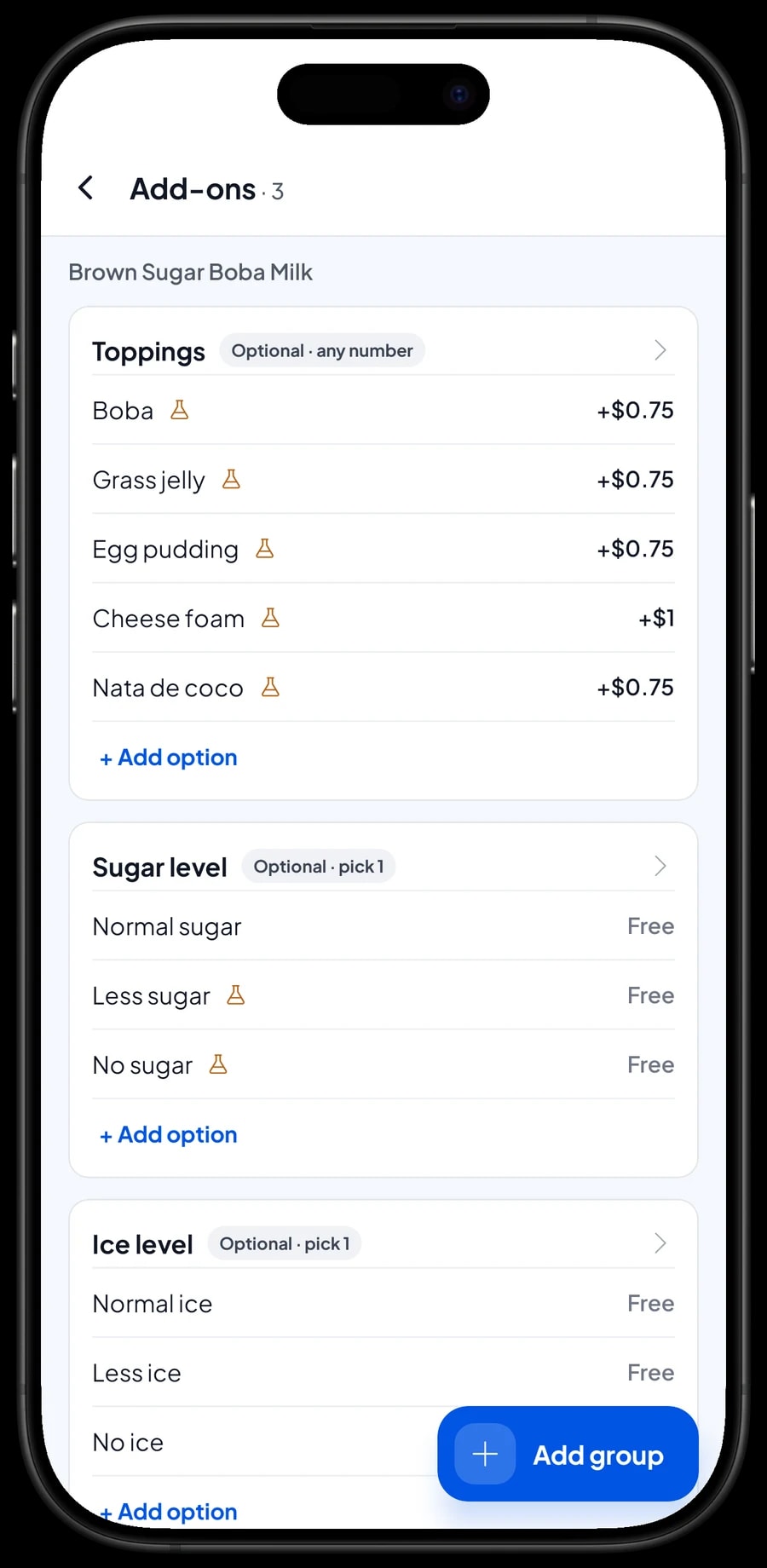 Add-ons for Brown Sugar Boba Milk: boba, grass jelly, egg pudding, cheese foam and nata de coco toppings, plus sugar and ice levels