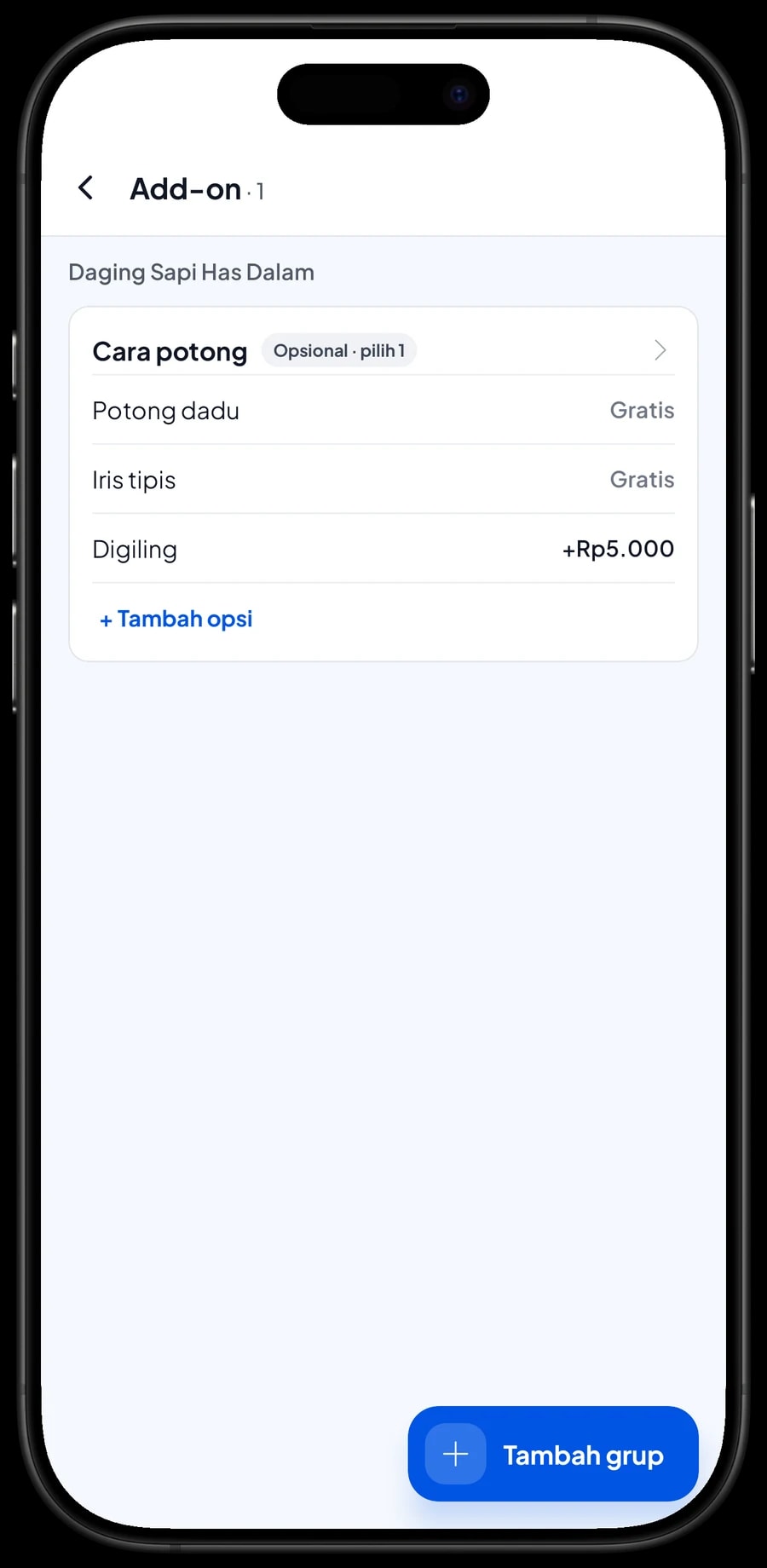 Add-on Cara potong untuk daging sapi: Potong dadu, Iris tipis, dan Digiling dengan tambahan Rp5.000