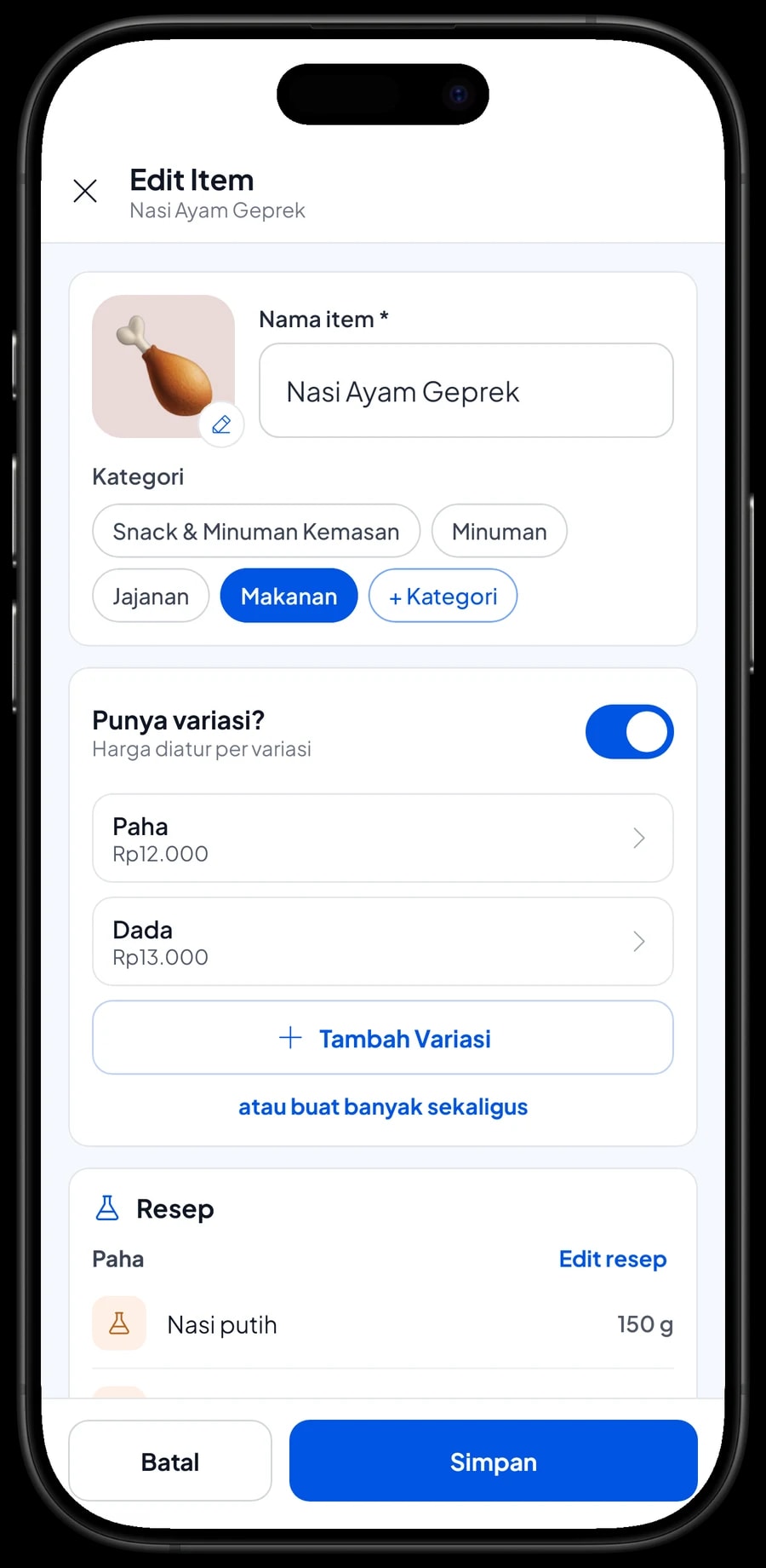 Edit item Nasi Ayam Geprek dengan varian Paha Rp12.000 dan Dada Rp13.000