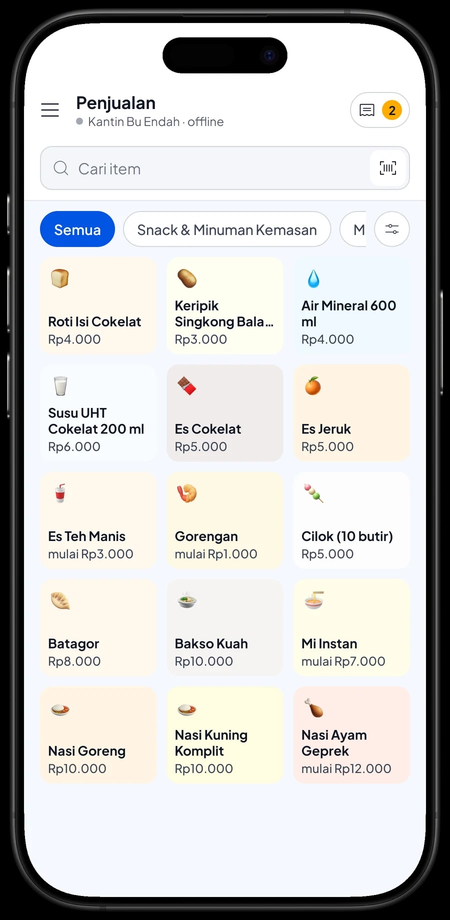 Layar Penjualan Kantin Bu Endah dengan roti isi cokelat, keripik singkong, air mineral, susu UHT dan es jeruk