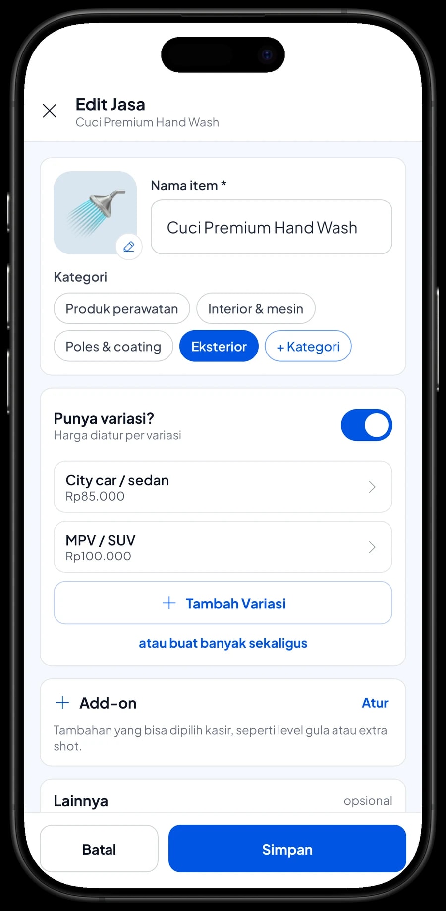 Edit item Cuci Premium Hand Wash dengan varian City car / sedan dan MPV / SUV, masing-masing berharga sendiri