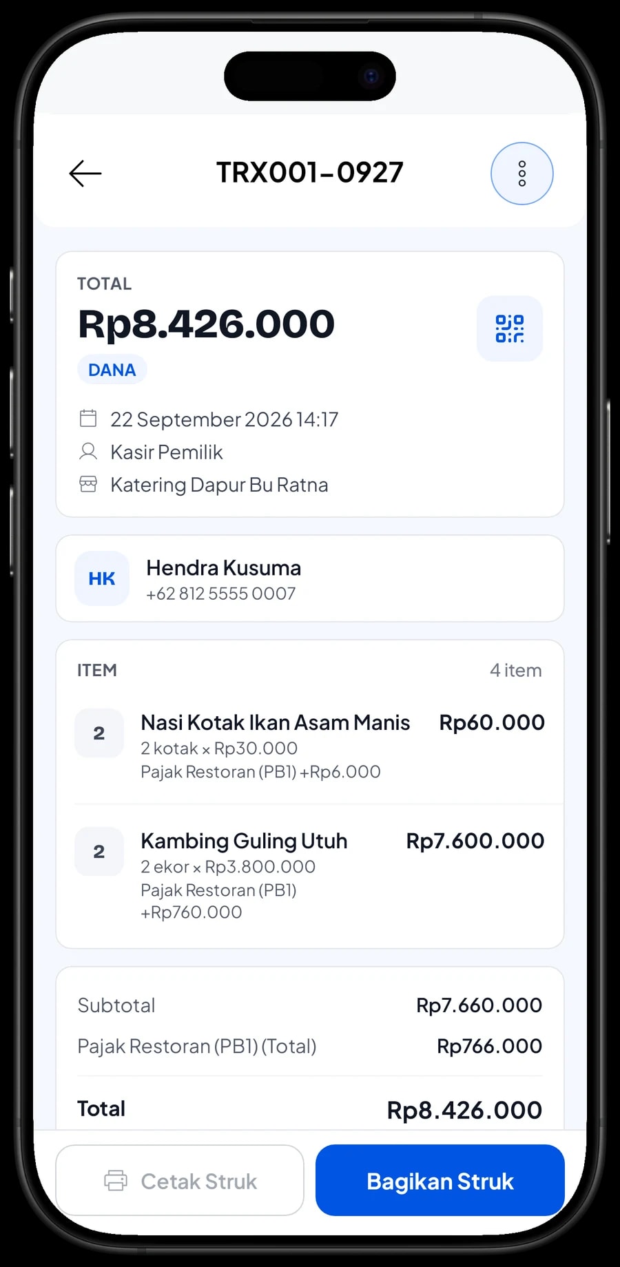 Detail satu transaksi katering: menu yang dipesan, Pajak Restoran (PB1) per baris dan metode pembayaran