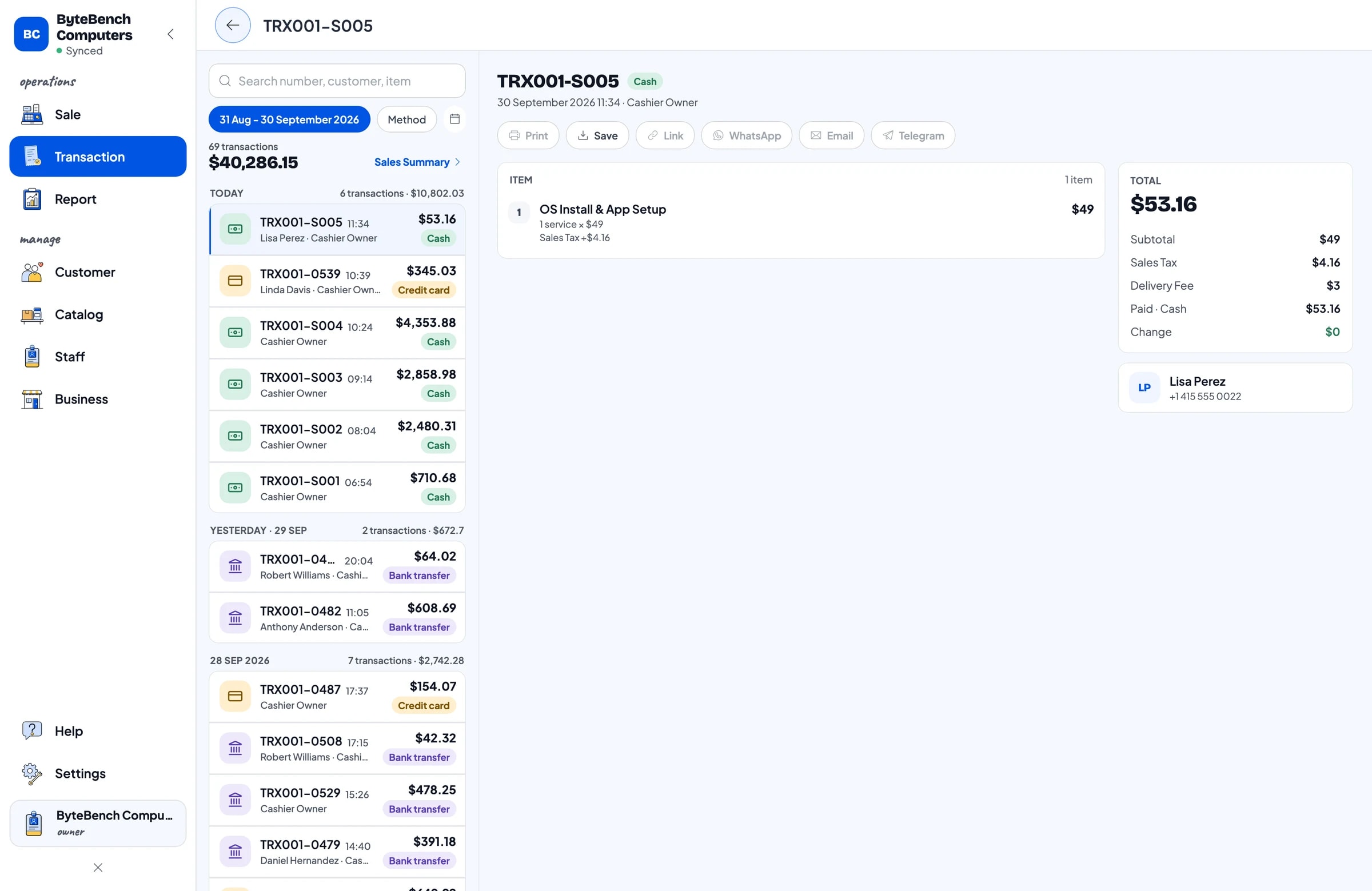 ByteBench Computers transaction list with one sale open: items, sales tax and payment method