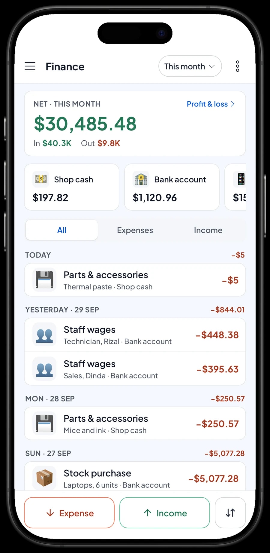 ByteBench Computers expenses this month: laptops, monitors and PCs, SSDs and RAM, technician Rizal, rent