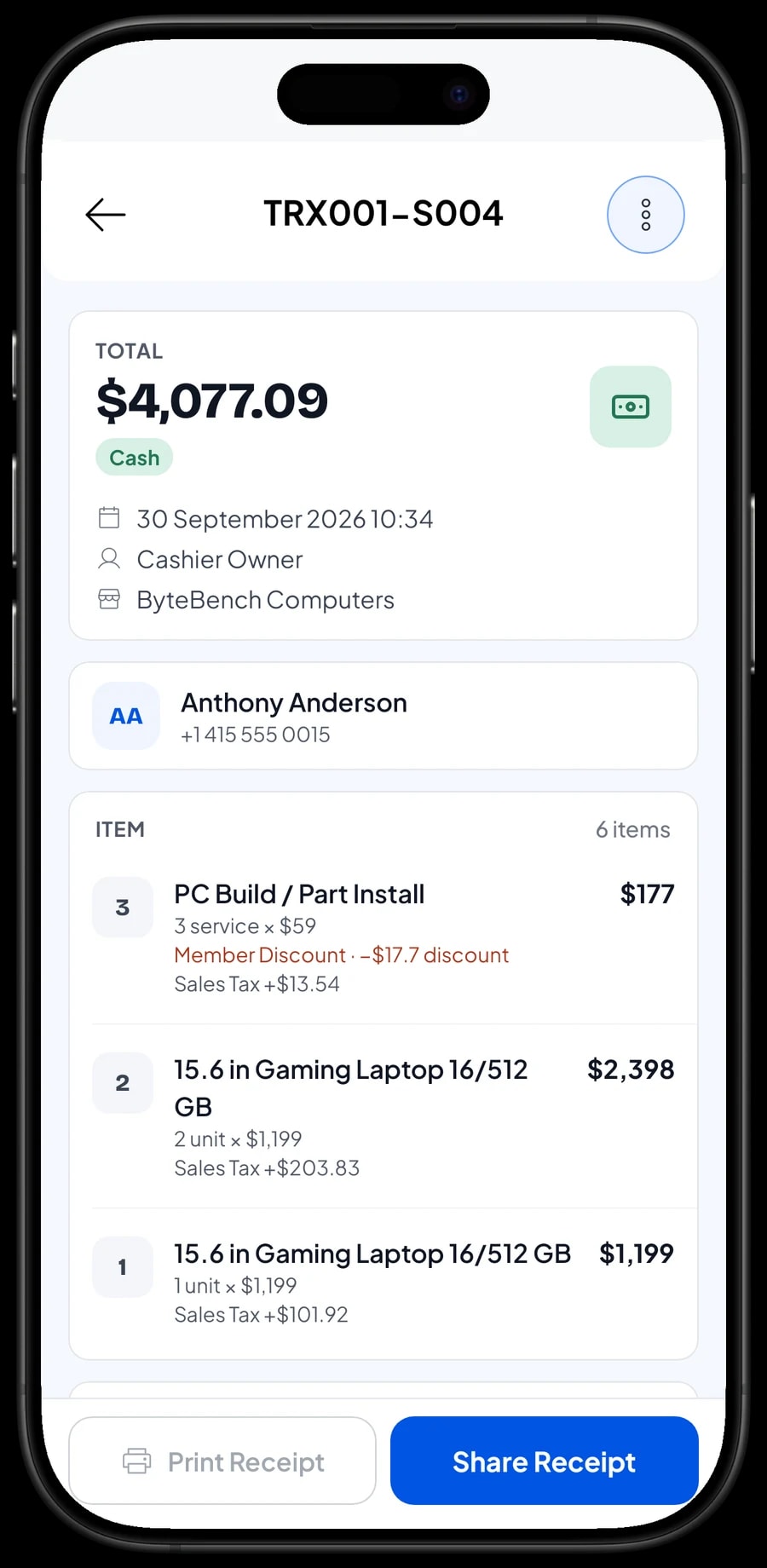 ByteBench Computers transaction list with one sale open: items, sales tax and payment method