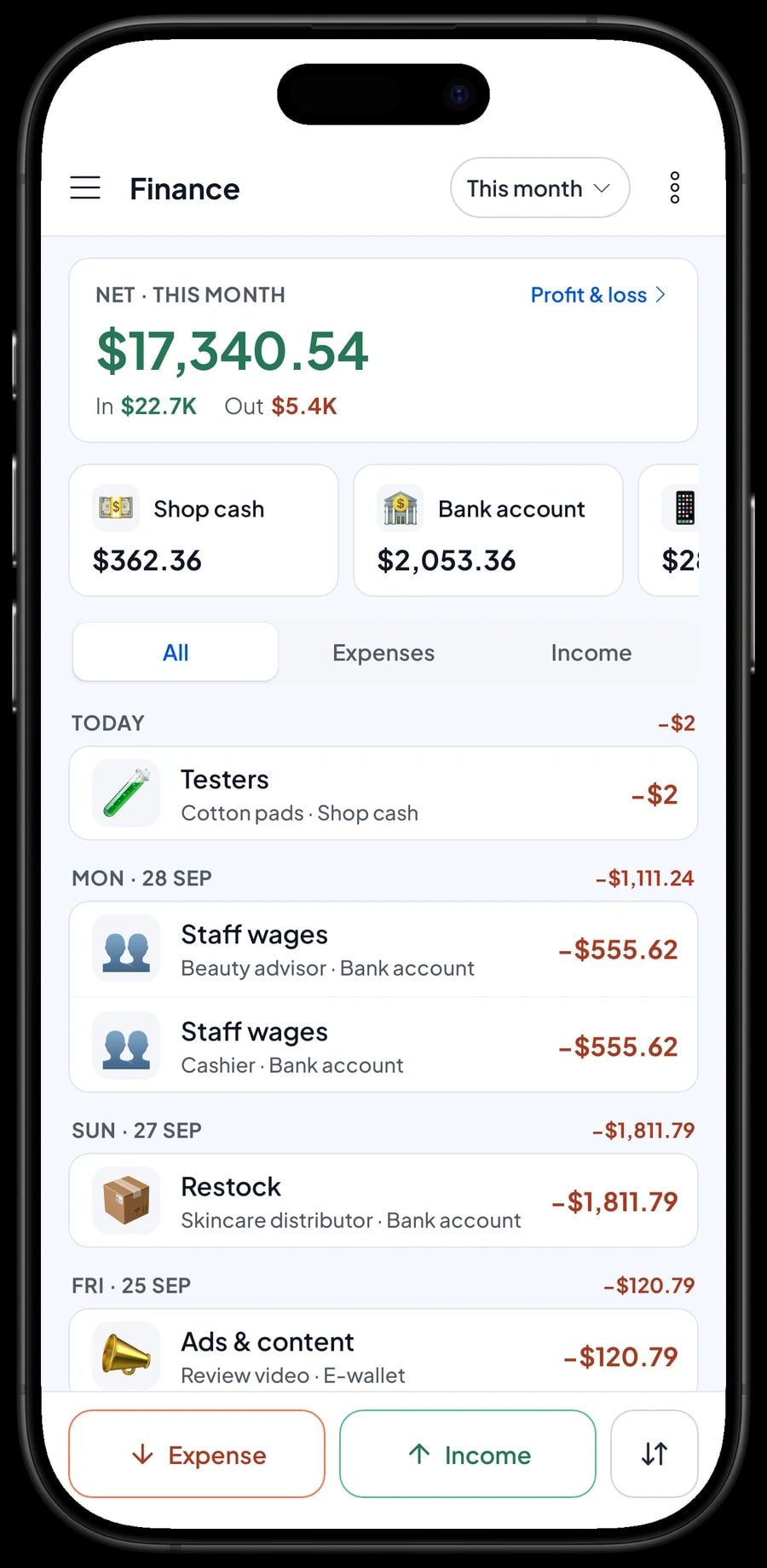 This month's expenses: restock, staff wages, rent, ads and content, and testers, with net profit
