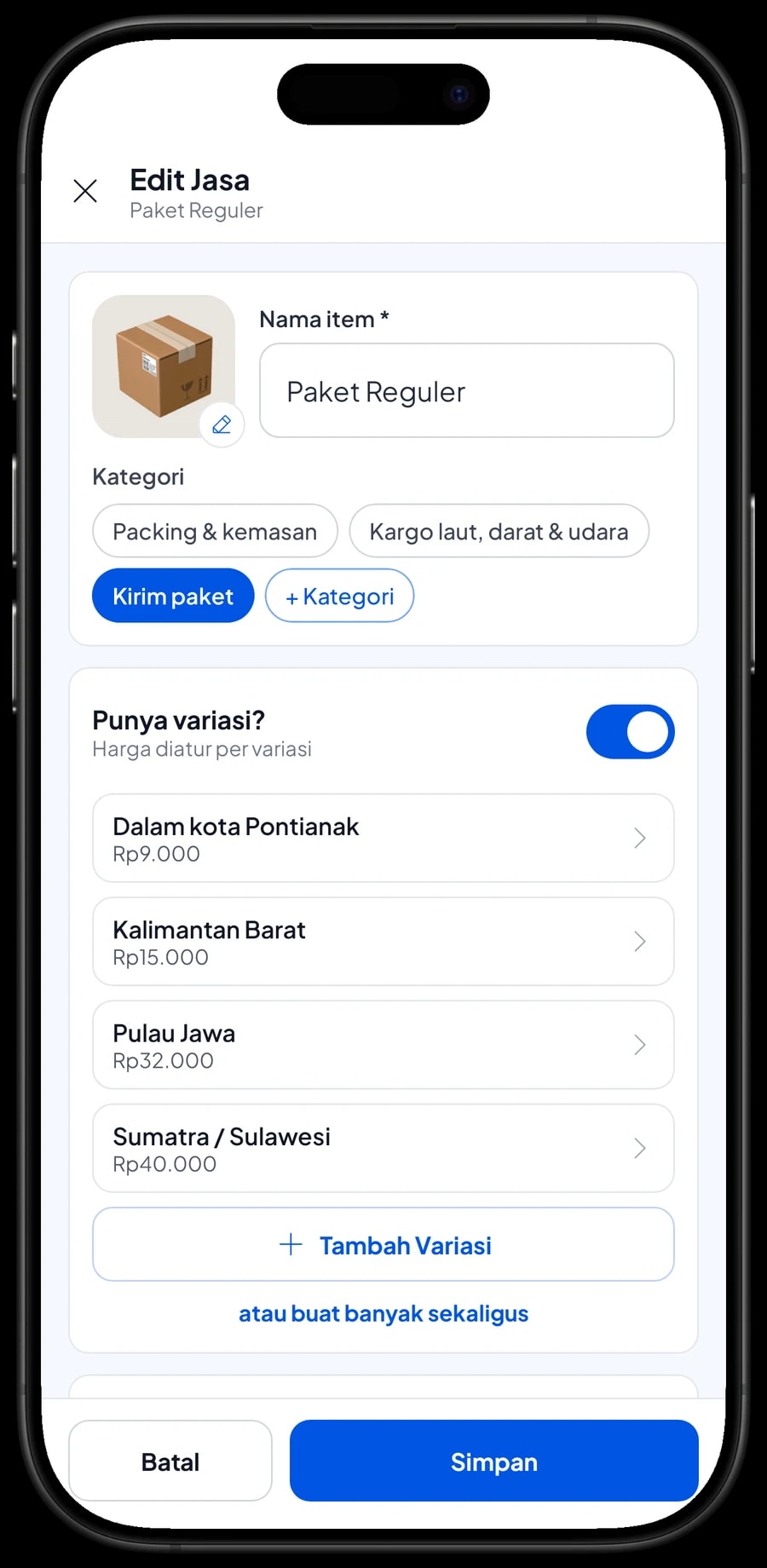 Edit item Paket Reguler dengan varian tujuan: dalam kota Pontianak, Kalimantan Barat, Pulau Jawa dan Sumatra / Sulawesi