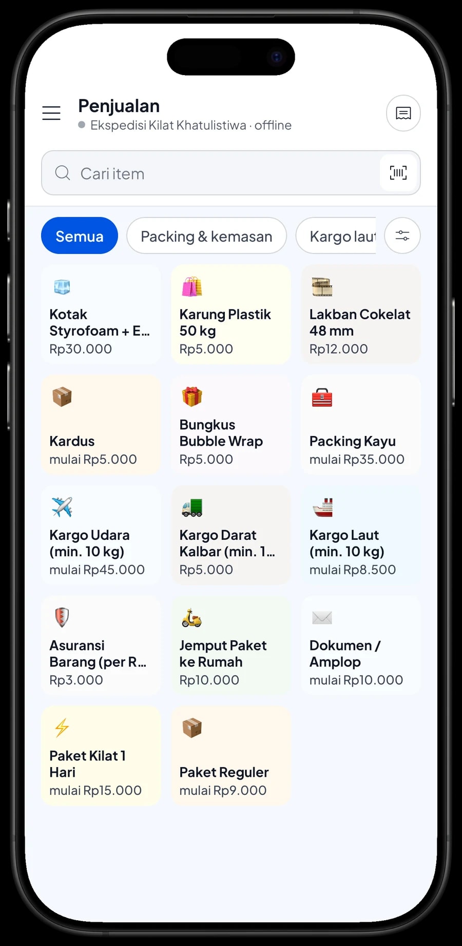 Layar Penjualan loket ekspedisi dengan layanan kirim, kargo dan kemasan per kategori serta keranjang pelanggan