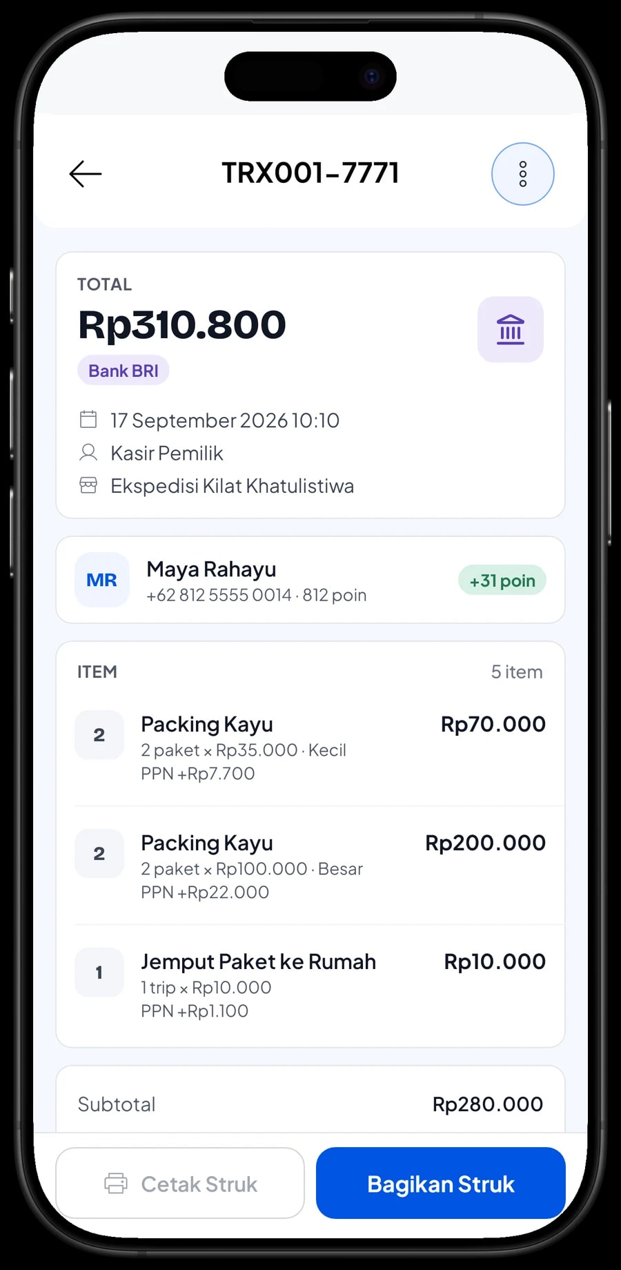 Detail satu transaksi pengiriman: layanan, jumlah, pajak, metode bayar dan poin pelanggan