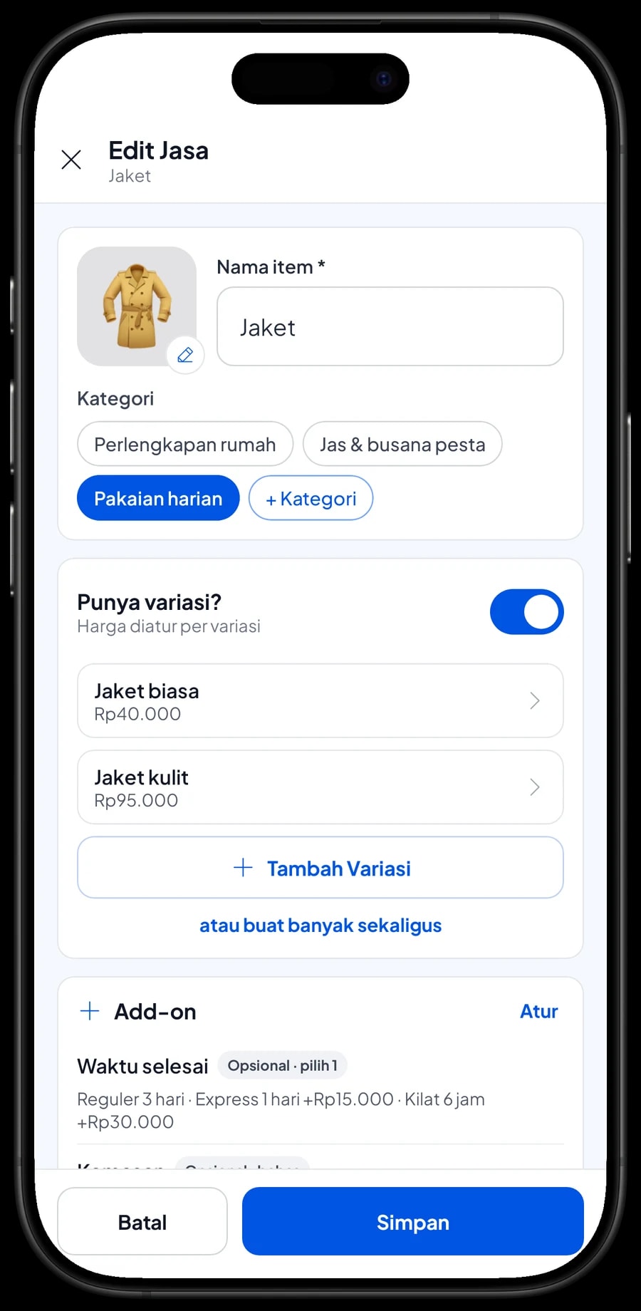 Edit item Jaket dengan dua varian, Jaket biasa dan Jaket kulit, masing-masing dengan harga sendiri