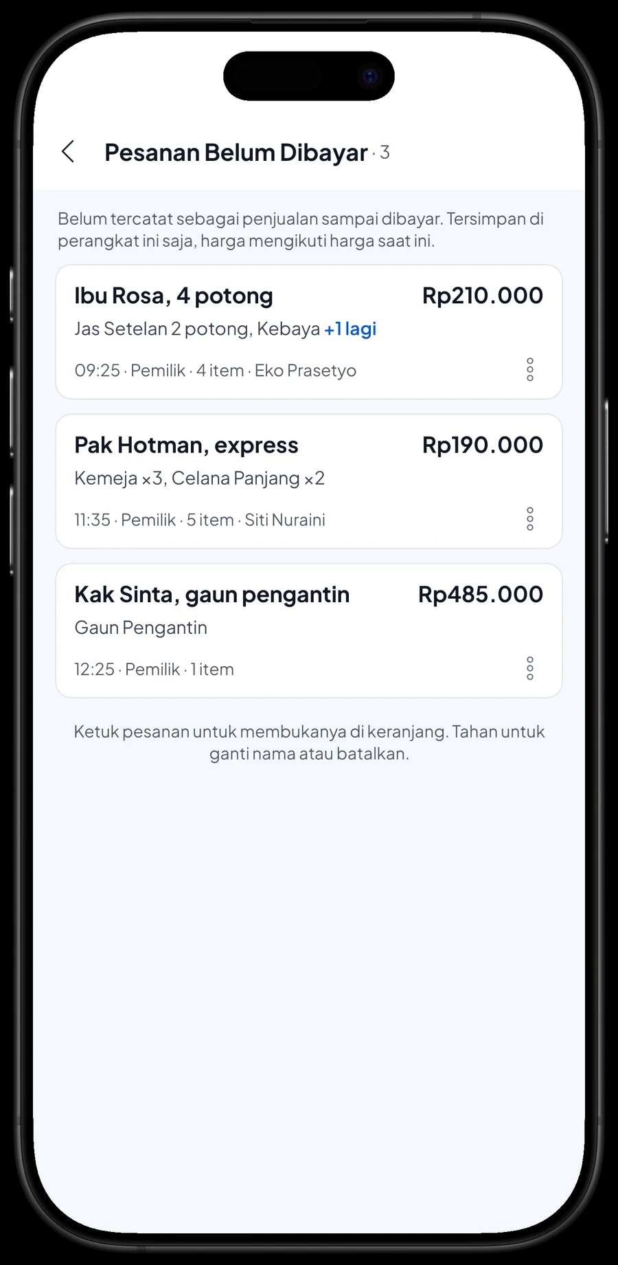 Daftar Pesanan Belum Dibayar: Ibu Rosa 4 potong, Pak Hotman express dan Kak Sinta gaun pengantin