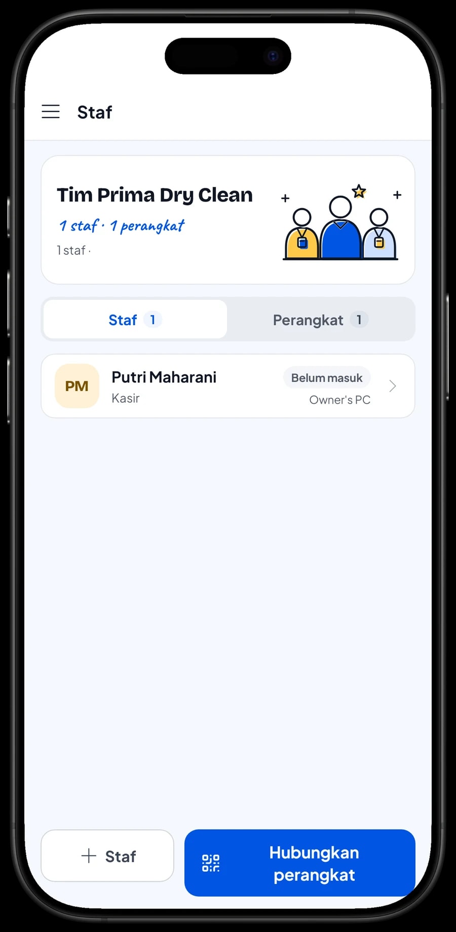 Staf masuk di perangkat kasir: pilih nama staf, lalu masuk dengan PIN