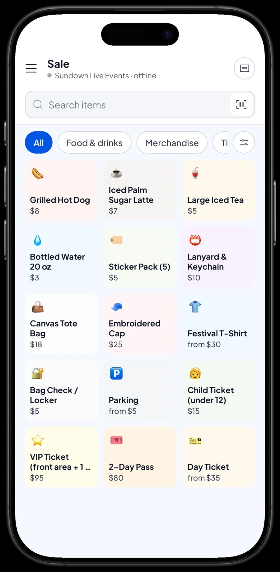 The Sundown Live Events Sale screen with a visitor's cart and ticket, merchandise and food categories