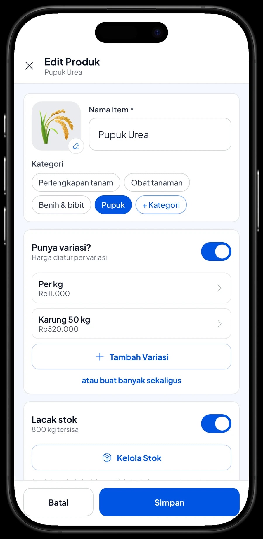 Edit item Pupuk Urea dengan varian Per kg Rp11.000 dan Karung 50 kg Rp520.000