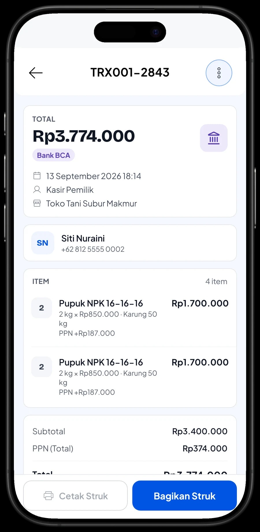 Detail transaksi: dua kantong Benih Padi Unggul 5 kg dengan PPN, dibayar lewat transfer bank