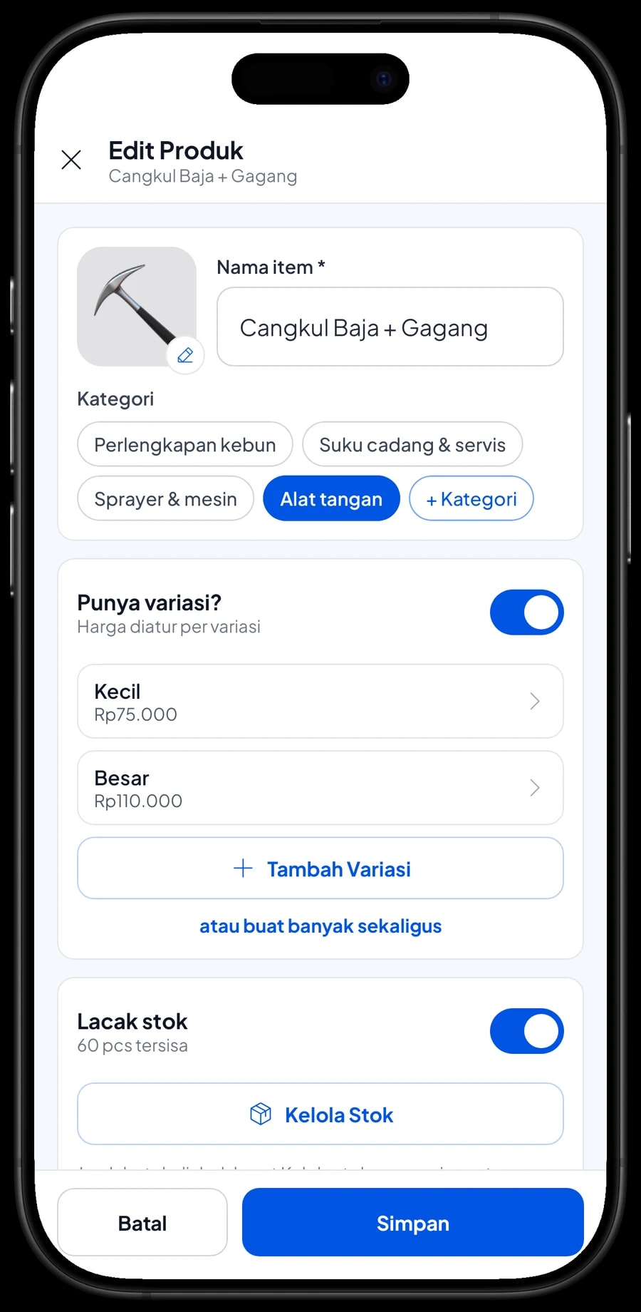 Edit item Cangkul Baja + Gagang dengan varian Kecil dan Besar, masing-masing dengan harga sendiri