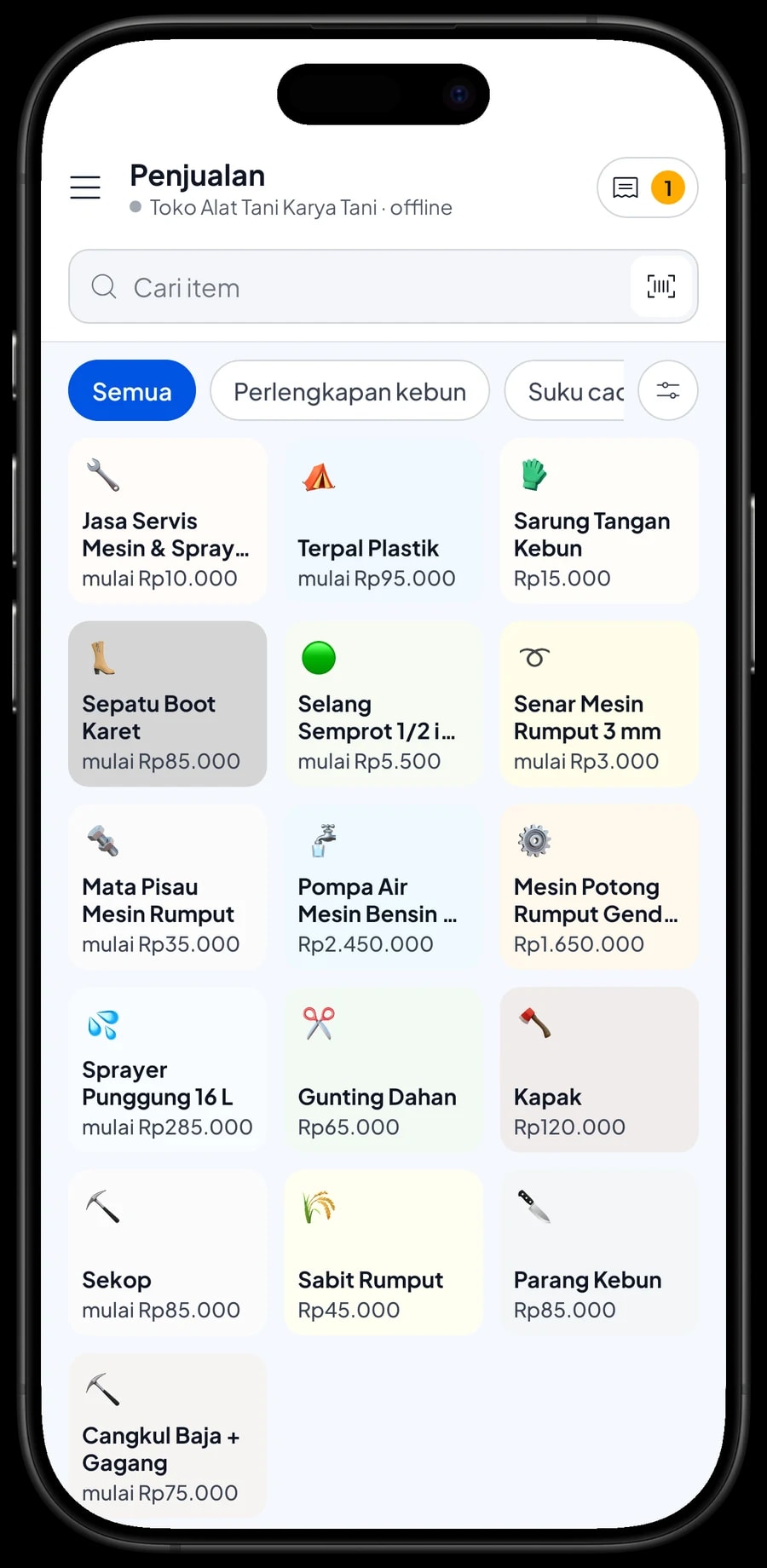 Layar Penjualan toko alat tani: keranjang berisi Selang Semprot 1/2 inci per meter dan Terpal Plastik 4 x 6 m
