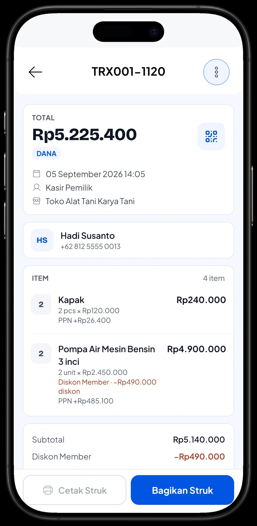 Detail transaksi: tiga Cangkul Baja + Gagang varian Kecil dengan PPN, dibayar tunai