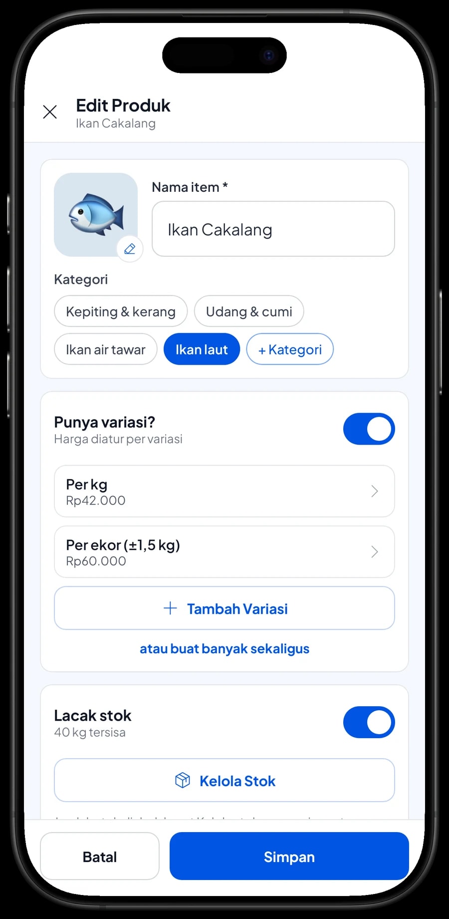 Edit item Ikan Cakalang: varian Per kg Rp42.000 dan Per ekor (±1,5 kg) Rp60.000