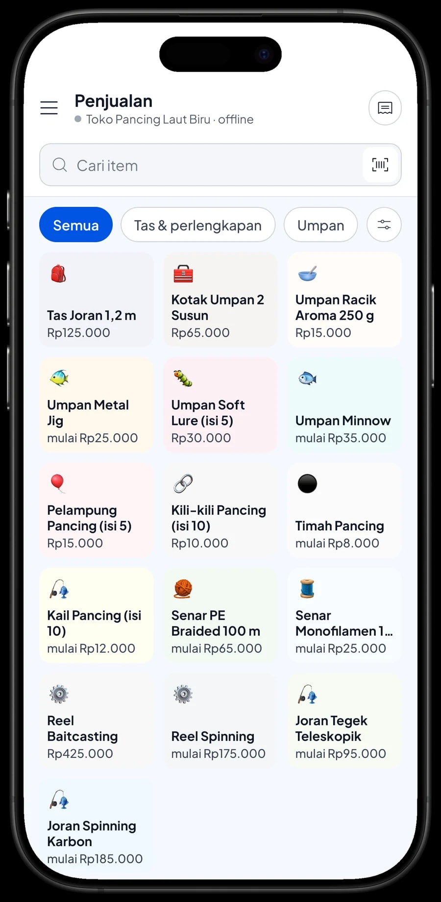 Layar Penjualan Toko Pancing Laut Biru dengan tab Joran & reel, Senar, kail & timah, Umpan dan keranjang berisi