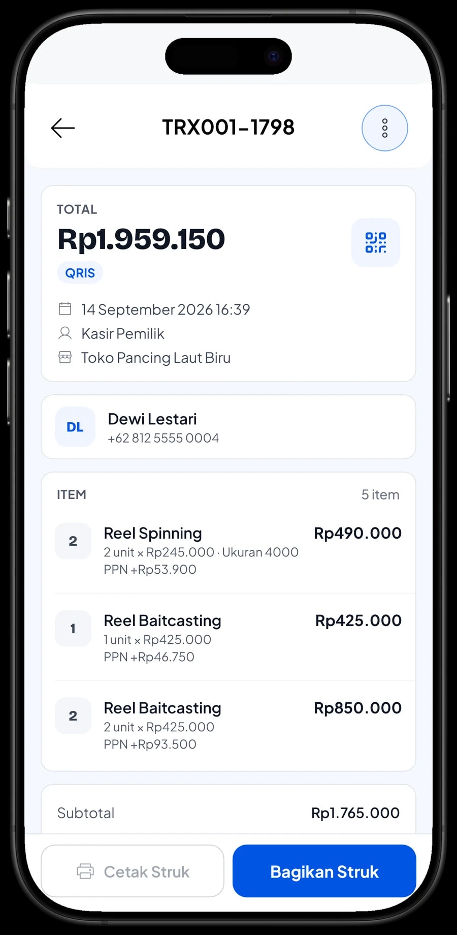 Daftar transaksi Toko Pancing Laut Biru dengan detail satu penjualan: barang, PPN dan metode pembayaran