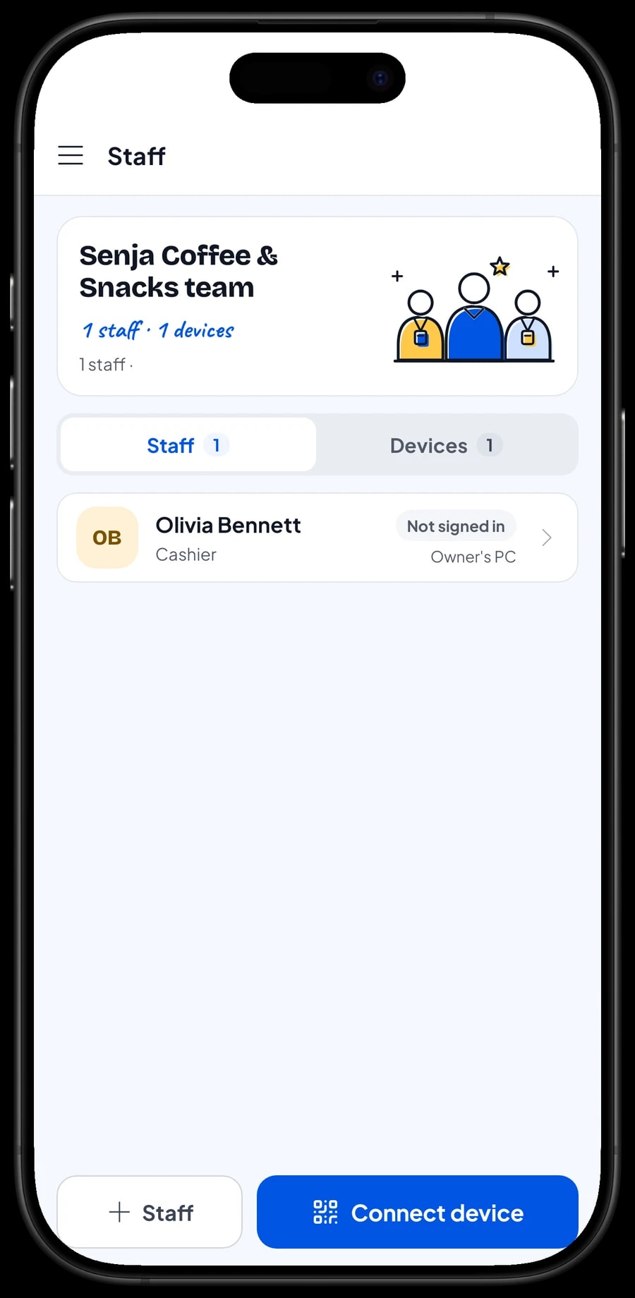 Staff sign-in on a cashier device: pick the staff member, then sign in with a PIN