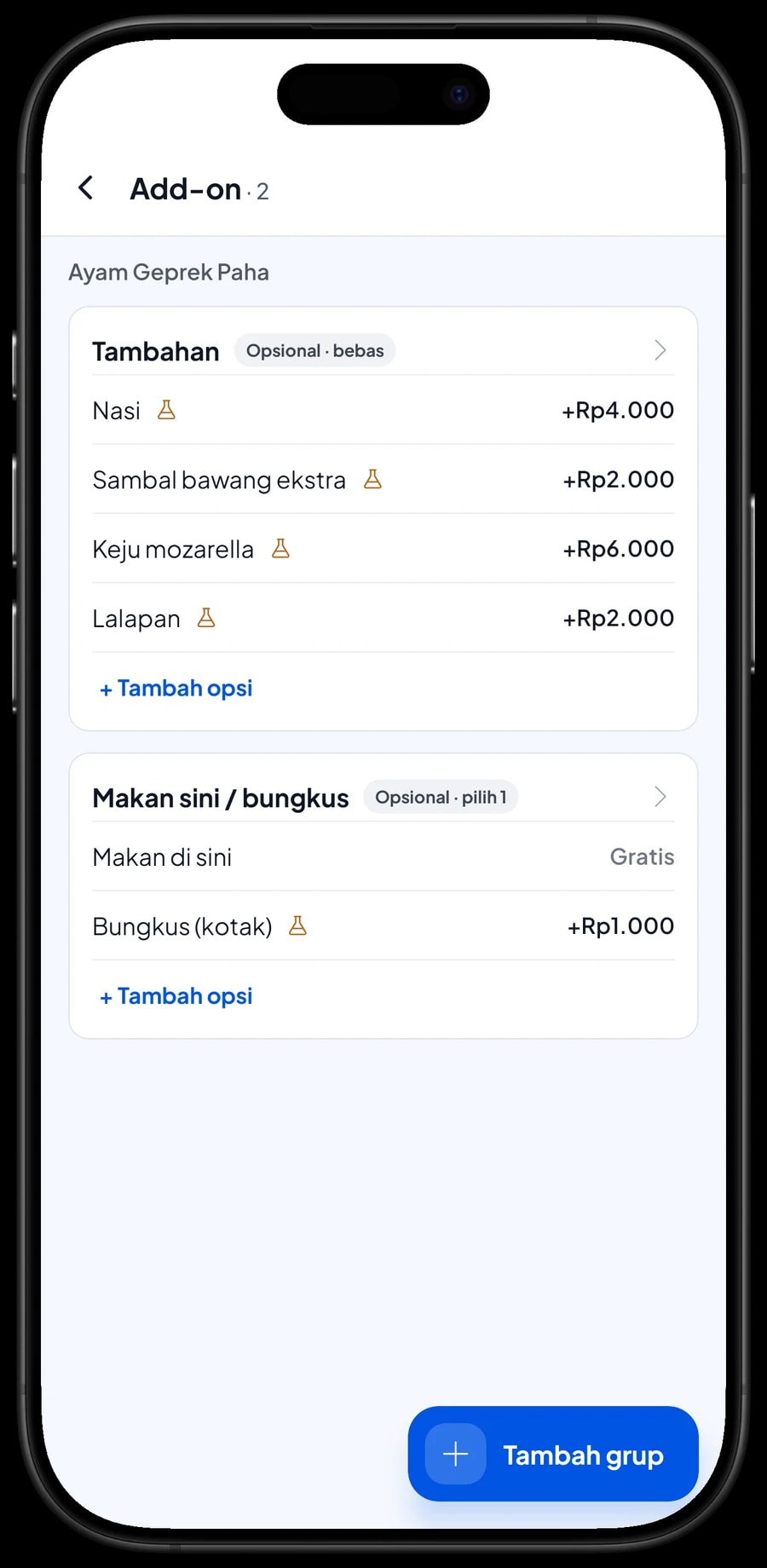 Add-on Ayam Geprek Paha: tambahan nasi, sambal bawang, keju mozarella, lalapan, dan pilihan makan sini atau bungkus