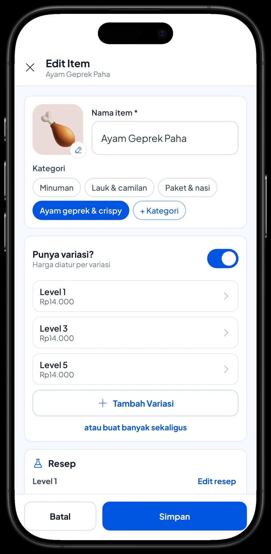 Edit item Ayam Geprek Paha: varian Level 1, Level 3 dan Level 5, masing-masing Rp14.000