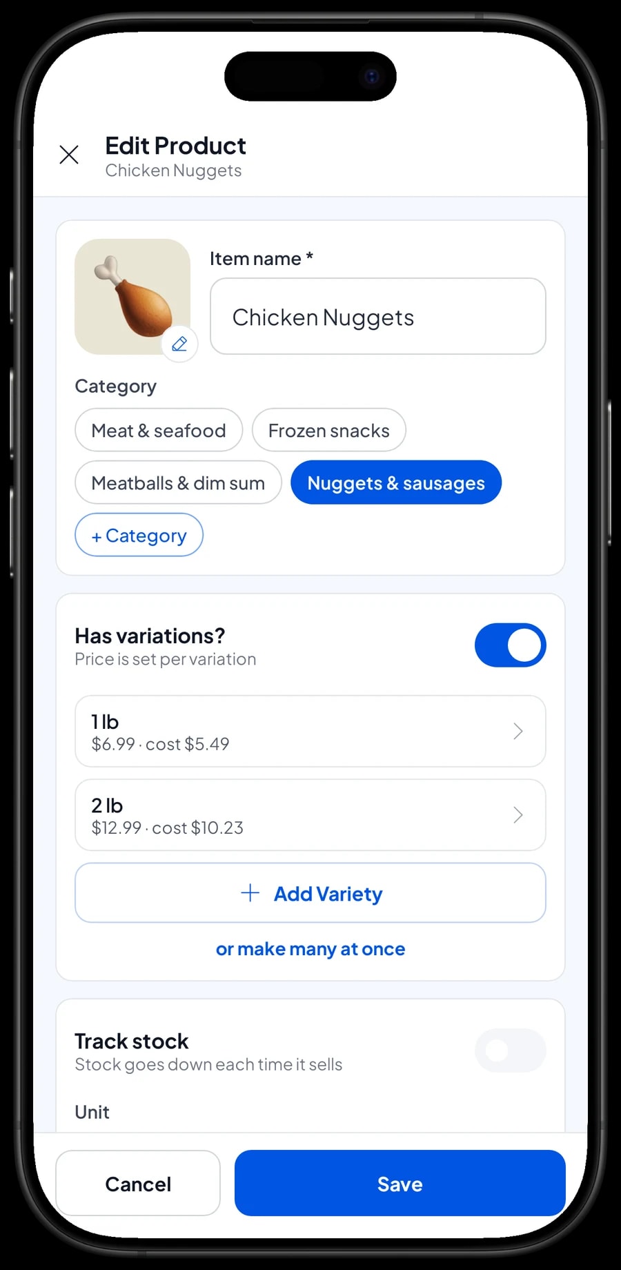Editing Chicken Nuggets: a product item sold by the pack, with its stock tracking setting
