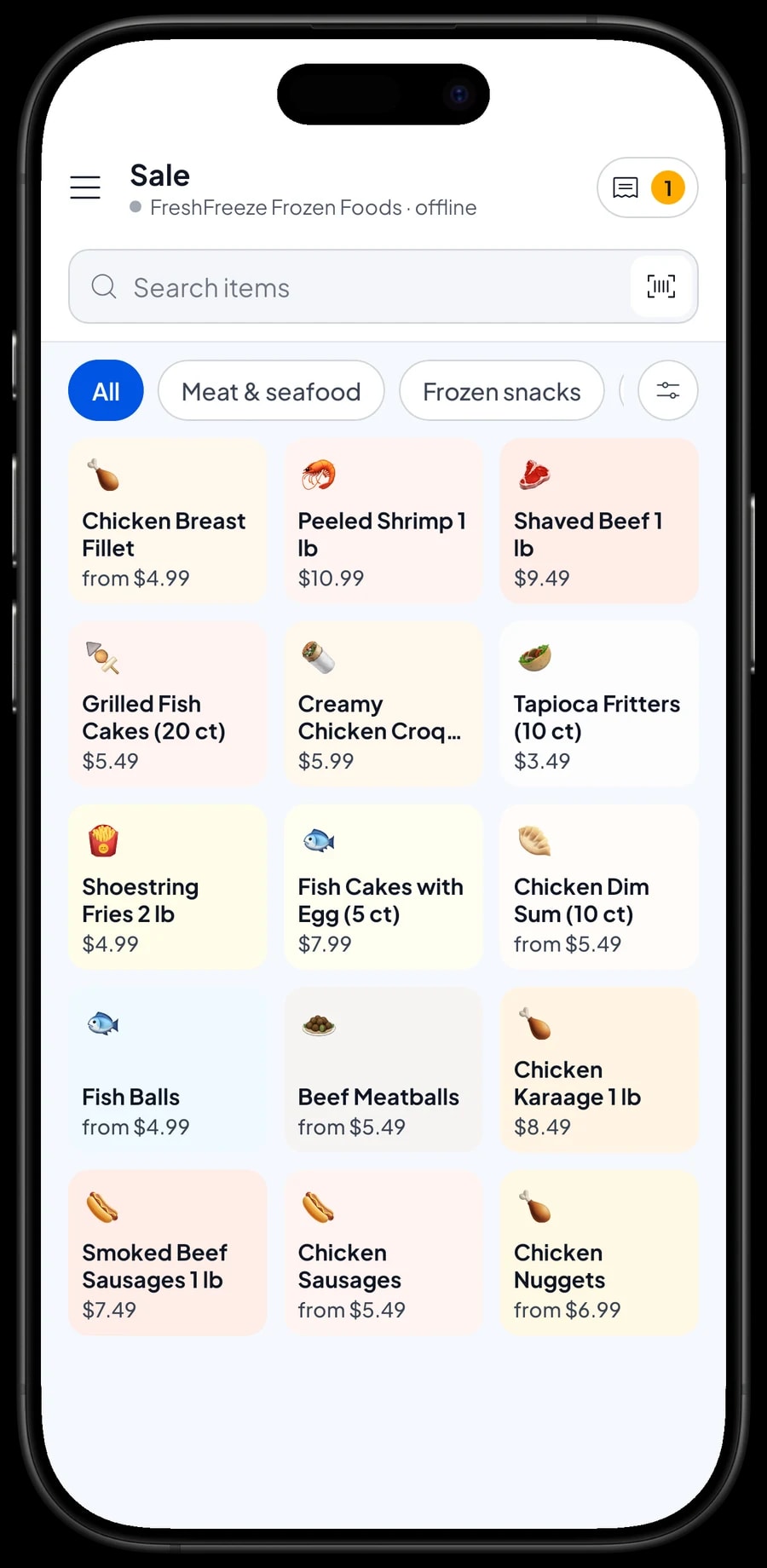 The FreshFreeze Frozen Foods Sale screen with chicken breast fillet, peeled shrimp, shaved beef and fish cakes