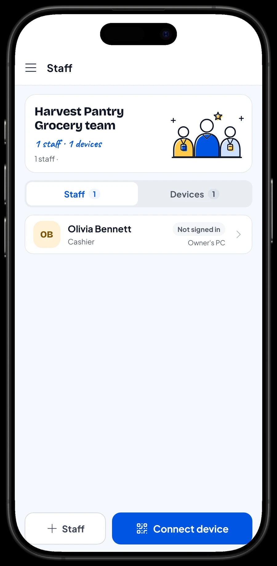 Staff sign-in on a cashier device: pick the staff member, then sign in with a PIN